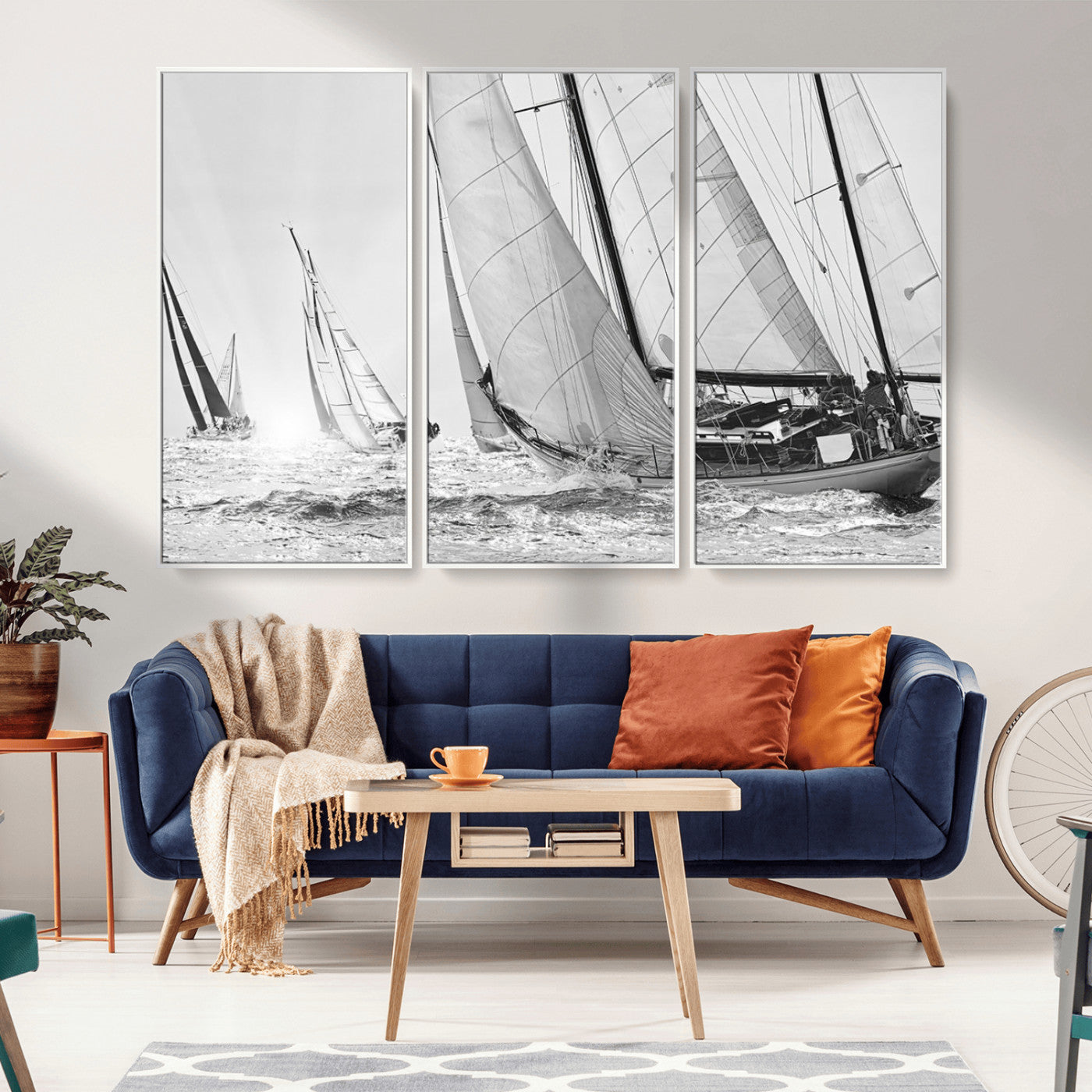 Boat-1-MGV-CV-36X24-Sailboat Racing Wall Art – Nautical Black and White Canvas Print, Ocean Adventure Decor for Office, Living Room or Bedroom