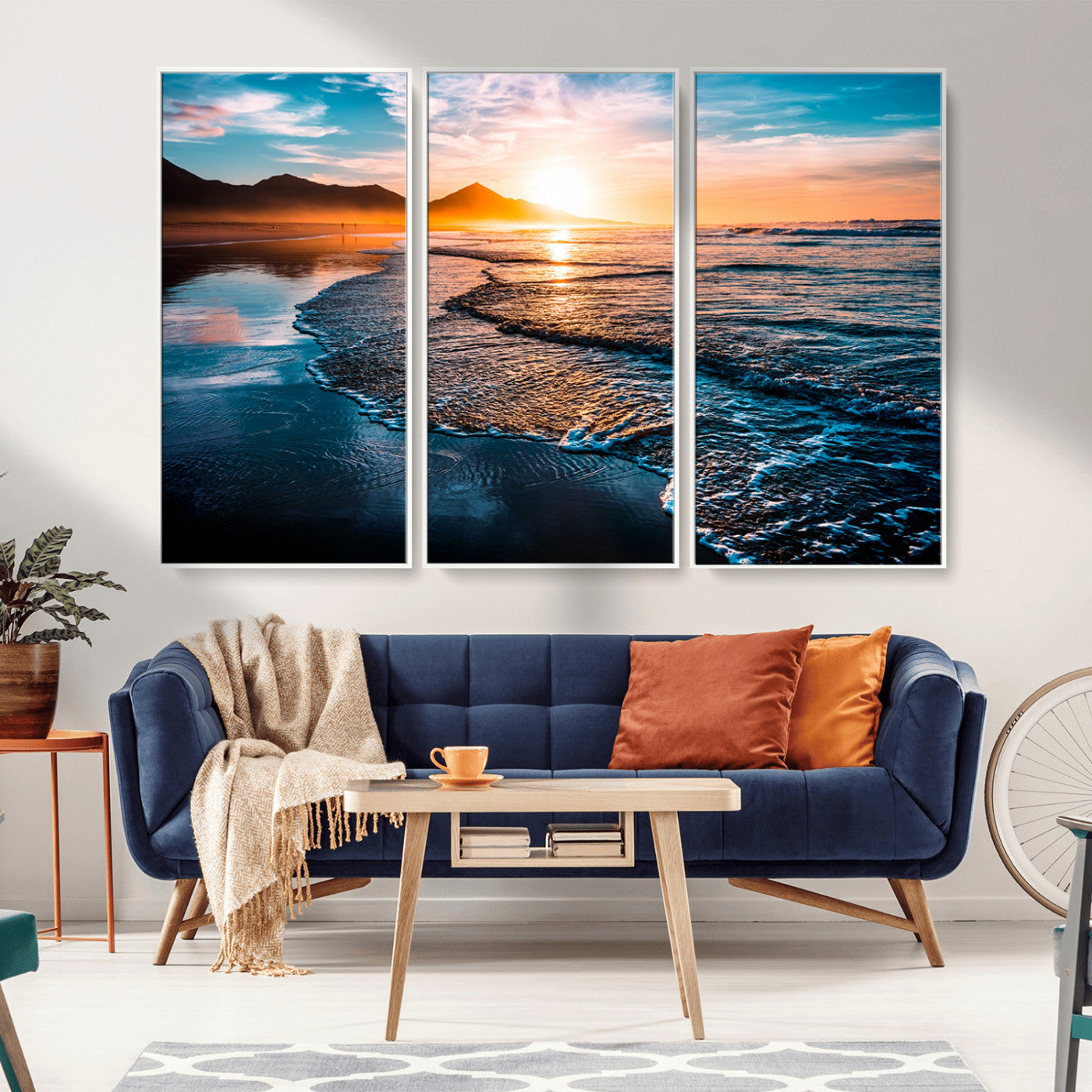 26494-MGV-FC-48X32-3P_White-Ocean Sunset Wall Art – Scenic Beach Canvas Print with Waves and Mountains, Coastal Seascape Photography for Living Room, Bedroom