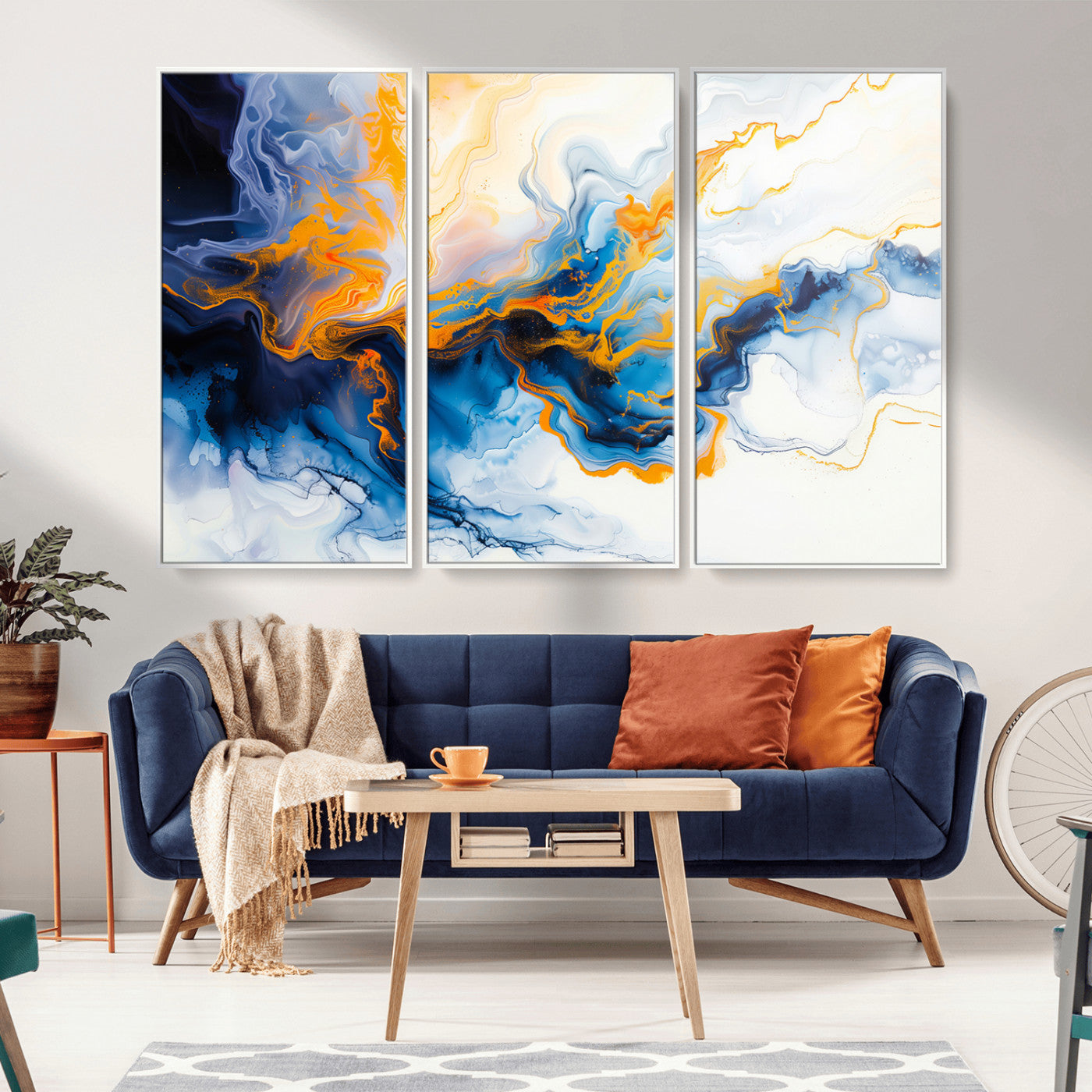 83720-MGV-CV-36X24-Abstract Fluid Wall Art – Blue, White and Gold Swirl Canvas Painting, Modern Contemporary Artwork for Living Room, Bedroom or