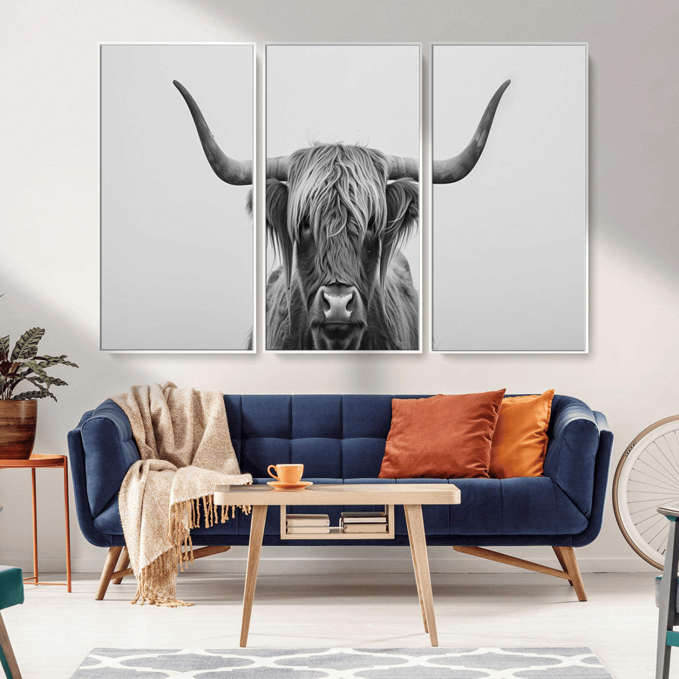35820-MGV-CV-36X24-Minimalist Highland Cow Wall Art – Black and White Longhorn Cattle Canvas Print, Modern Farmhouse Animal Photography Decor for