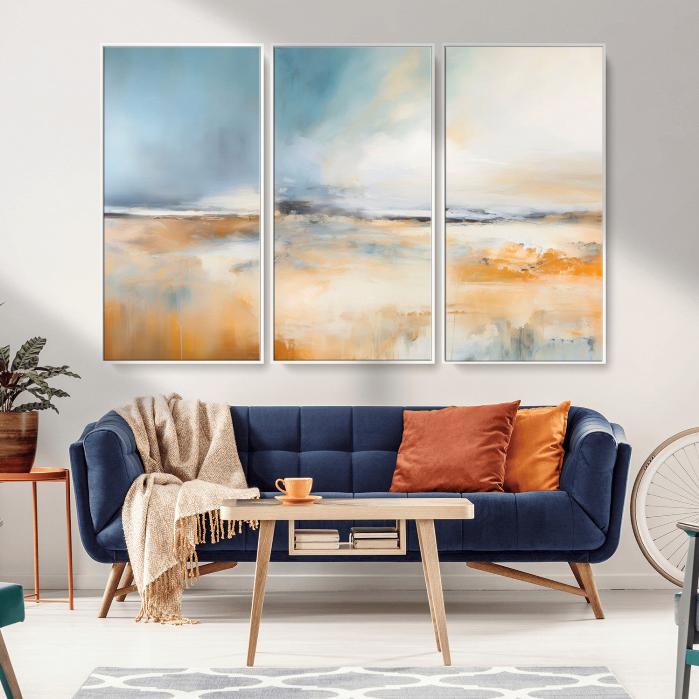 92764-MGV-CV-36X24-Abstract Landscape Wall Art – Modern Blue and Orange Canvas Print, Large Minimalist Painting for Living Room, Bedroom, Office or