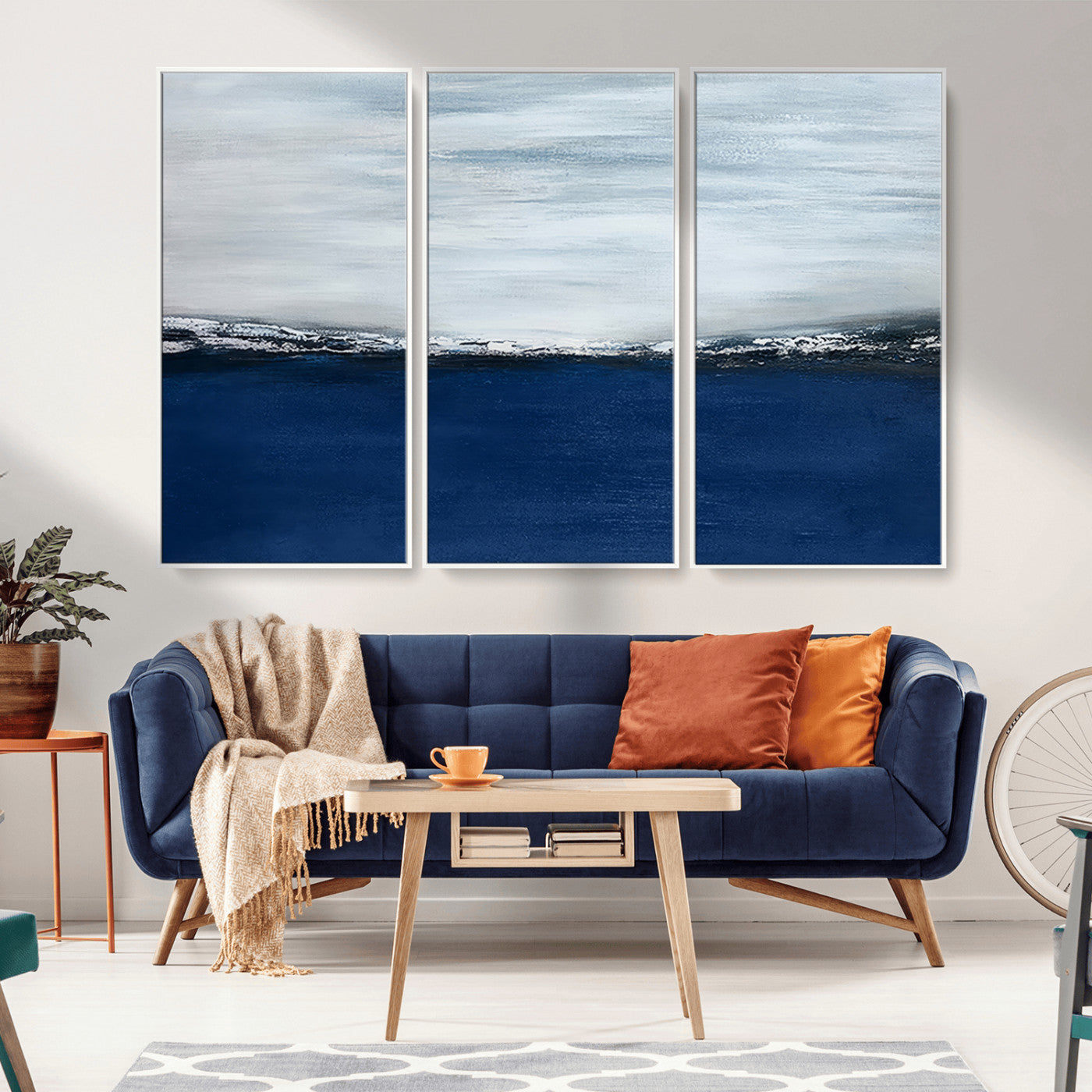 62197-MGV-FC-48X32-3P_White-Abstract Ocean Wall Art – Minimalist Blue and White Canvas Print, Modern Coastal Seascape Painting for Bedroom, Living Room or