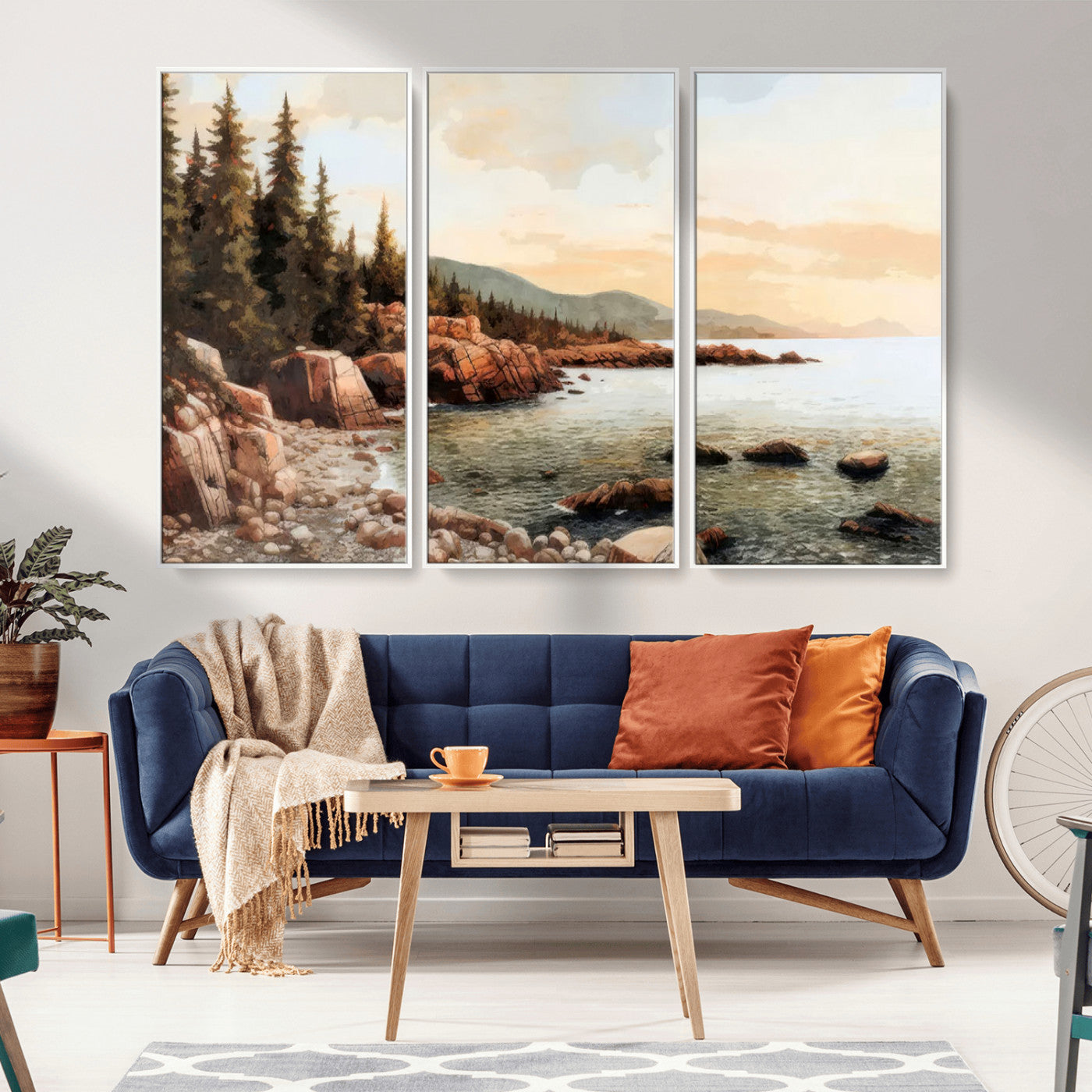 77145-MGV-FC-48X32-3P_White-Coastal Landscape Wall Art – Panoramic Rocky Shoreline and Pine Trees Canvas Print, Rustic Nature Decor for Cabin, Lodge, Office,