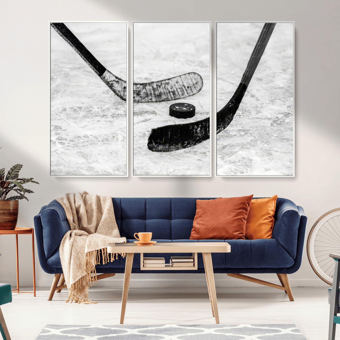 82900-MGV-CV-36X24-Hockey Wall Art – Black and White Canvas Print Ice Rink Sticks Puck Sports Photography, Modern Decor for Game Room, Man Cave,