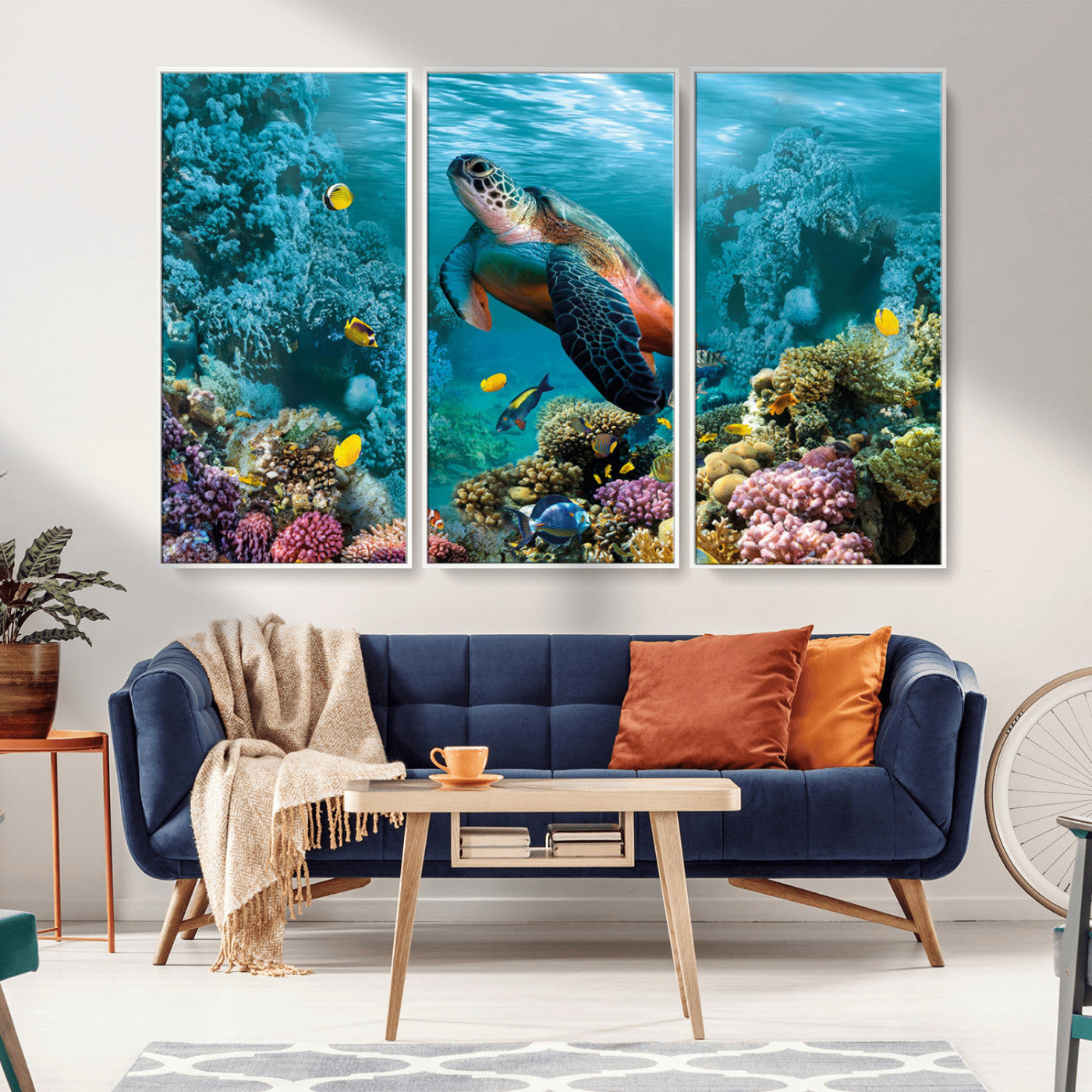 38661-MGV-FC-48X32-3P_White-Sea Turtle Wall Art Canvas Print, Framed Ocean Wildlife Art Picture Print, Turtle Perfect Coastal Nature Decor Artwork