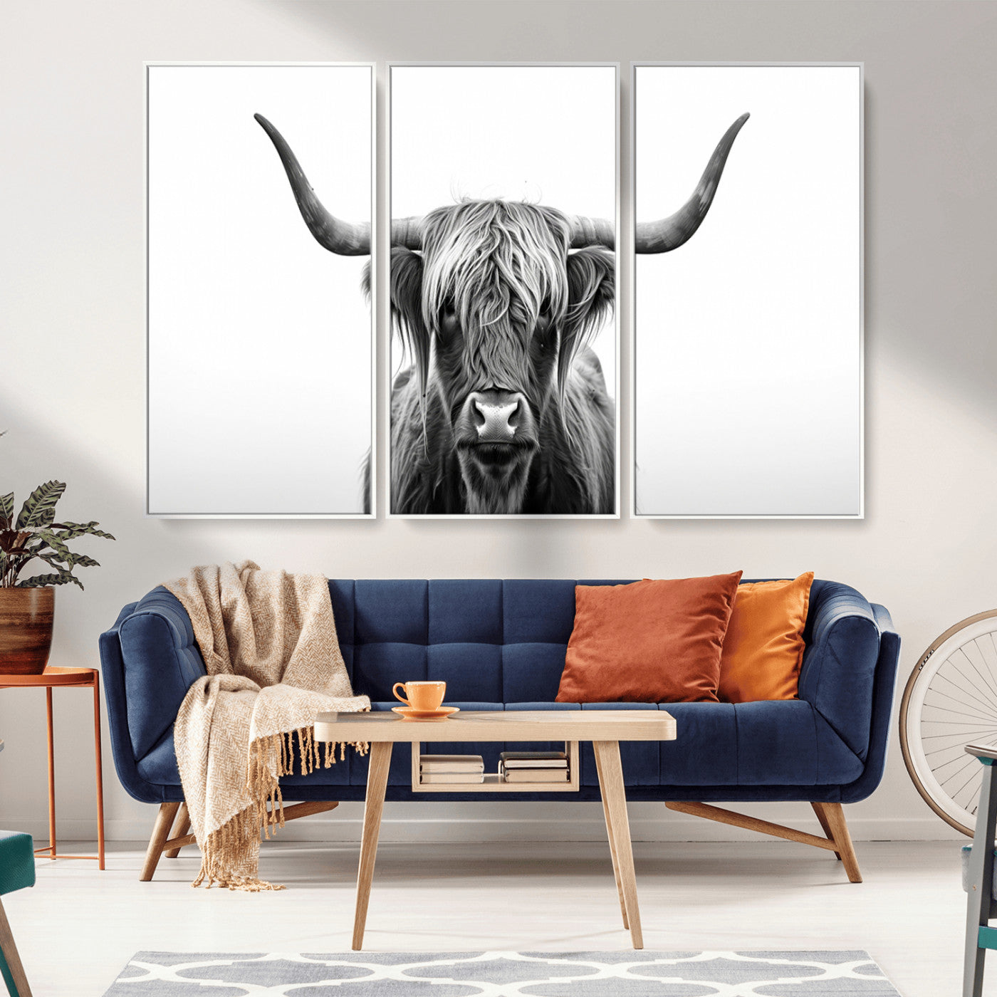 49556-MGV-CV-36X24-Highland Cow Wall Art – Black and White Scottish Highland Cattle Print, Rustic Farmhouse Minimalist Animal Portrait Canvas for