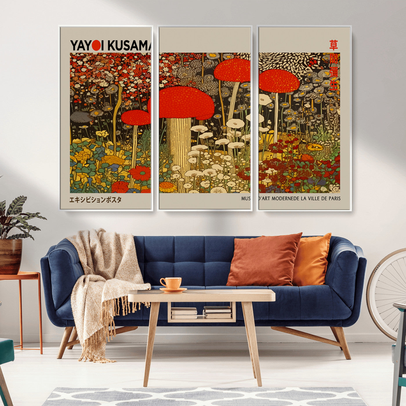 38013-MGV-CV-36X24-Yayoi Kusama Inspired Mushroom Garden Wall Art – Whimsical Botanical Canvas Print, Surreal Nature Poster, Fantasy Floral Artwork