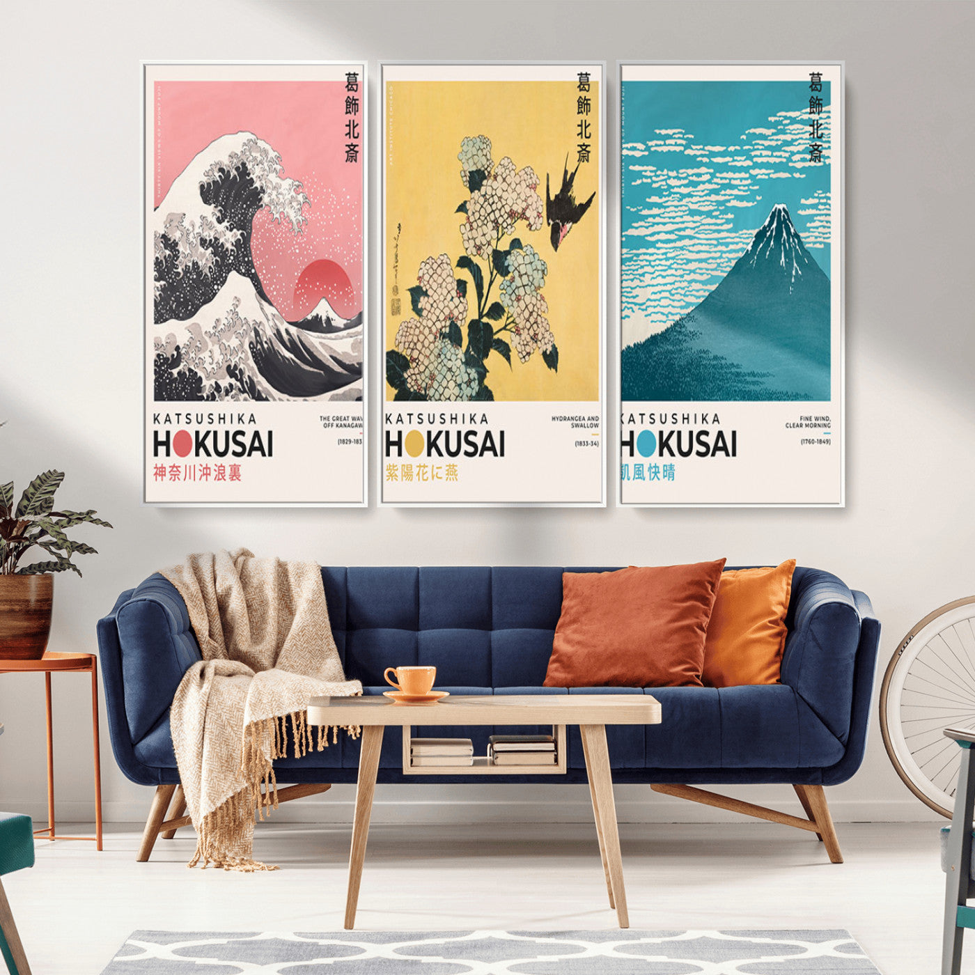 Katsushika-MGV-CV-36X24-Katsushika Hokusai Wall Art Set – The Great Wave, Hydrangea and Swallow, Fine Wind Canvas Prints, Japanese Ukiyo e Style Home and