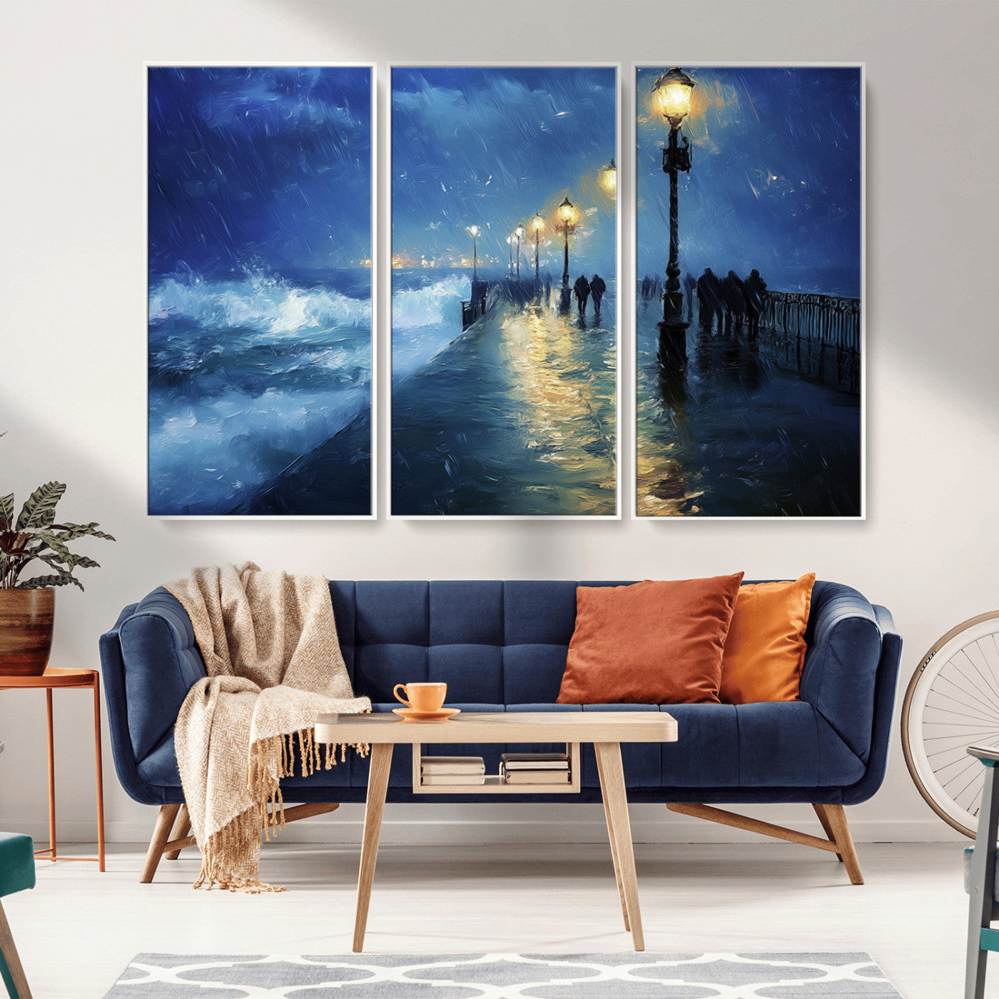 76572-MGV-CV-36X24-Stormy Night Pier Wall Art – Ocean Waves and Street Lamps Canvas Print, Rainy Seascape Oil Painting Poster for Living Room,