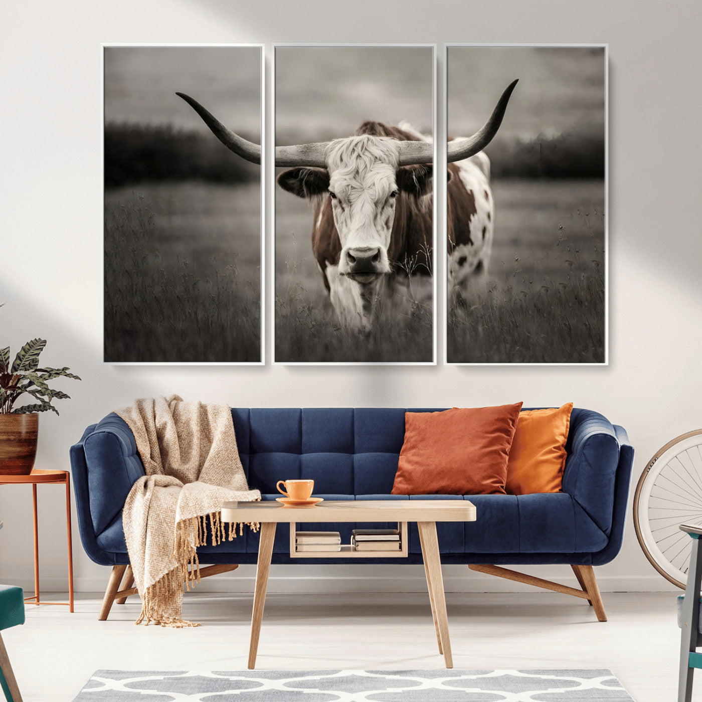 69238-MGV-CV-36X24-Longhorn Bull Wall Art – Rustic Black and White Texas Cattle Canvas Print, Western Farmhouse Animal Photography for Living Room,