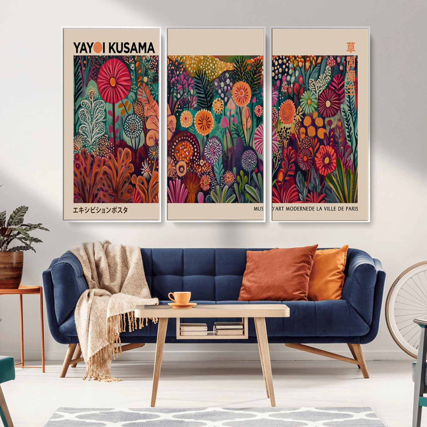 51280-MGV-FC-48X32-3P_White-Abstract Yayoi Kusama Wall Art Canvas Print, Framed Japanese Wabi Sabi Art Picture Print, Yayoi Kusama Perfect Abstract Modern