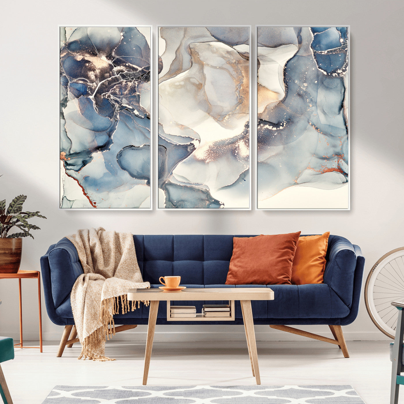 51497-MGV-CV-36X24-Abstract Blue and Gold Wall Art – Modern Fluid Ink Style Canvas Print, Elegant Contemporary Decor for Living Room, Office