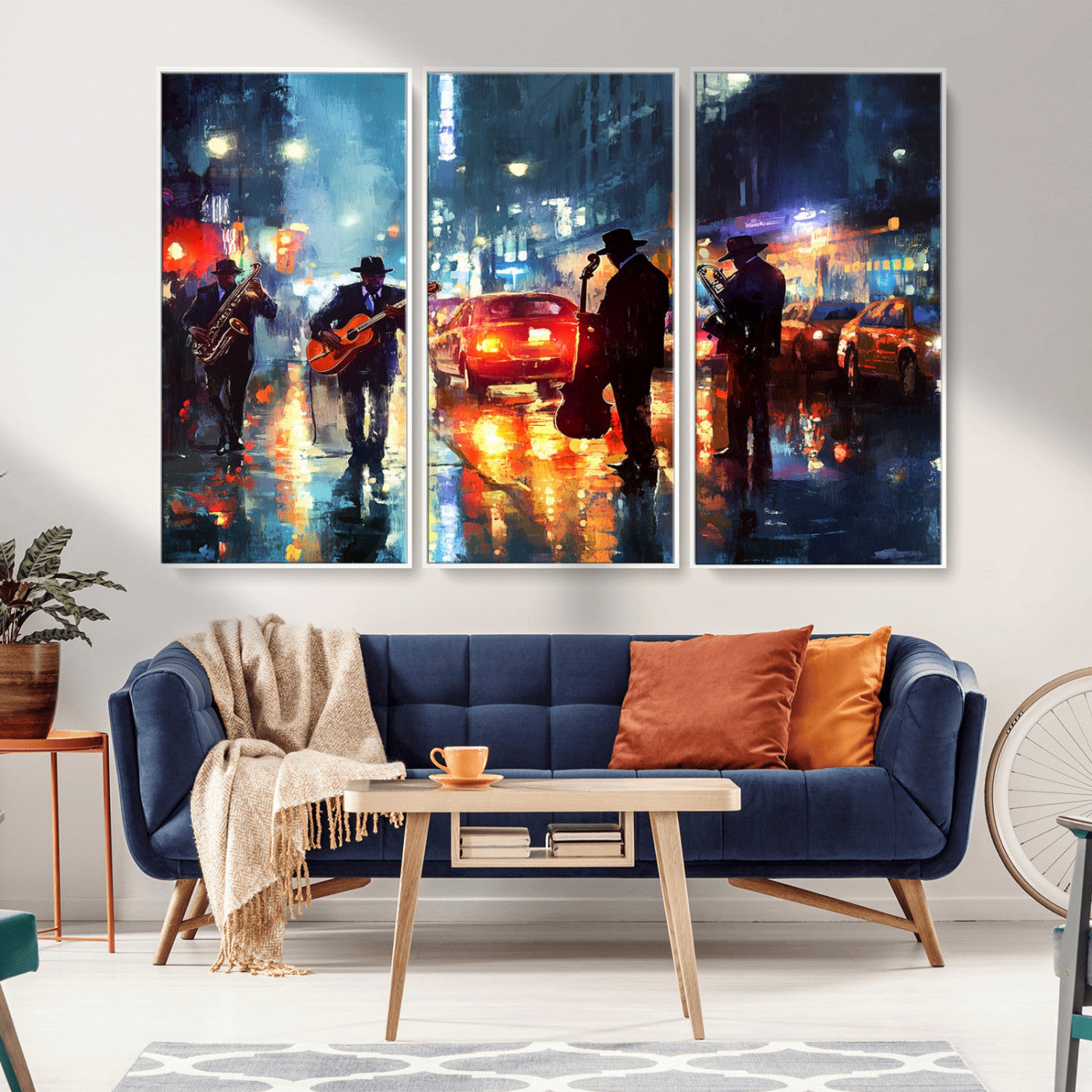 94605-MGV-CV-36X24-City Jazz Night Wall Art – Vibrant Music Canvas Print Featuring Saxophone, Guitar and Bass Players, Urban Street Scene Artwork for