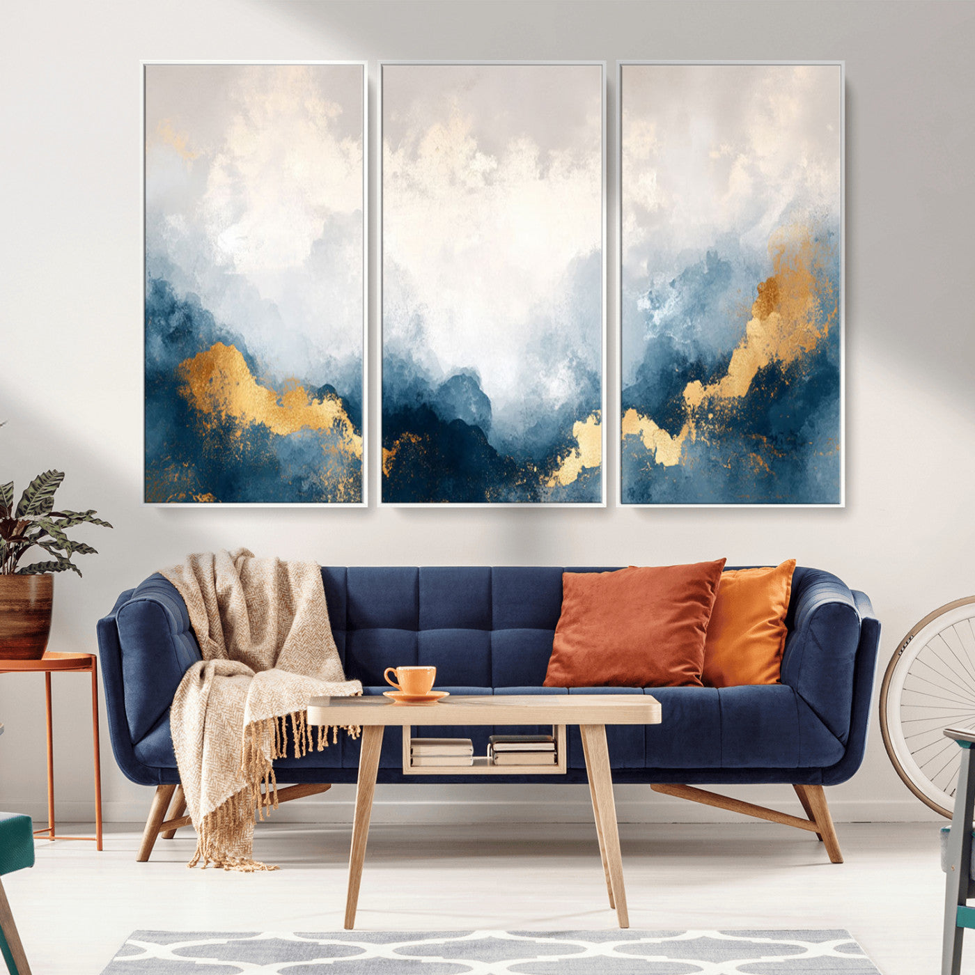14578-MGV-CV-36X24-Abstract Wall Art – Modern Canvas Print Featuring Blue and White Clouds with Golden Accents, Contemporary Elegant Artwork for