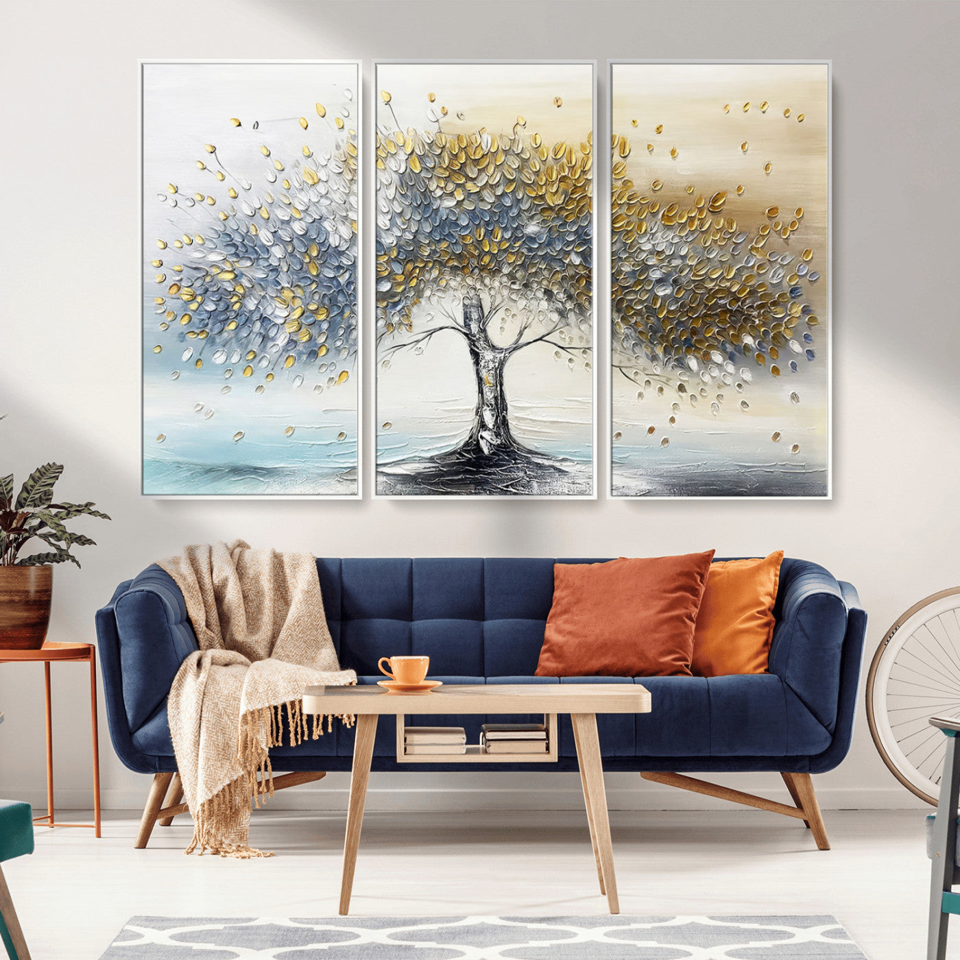24771-MGV-CV-36X24-Silver Tree Wall Art Canvas Print, Framed Golden Leaves Art Picture Print, Metallic Tree Perfect Minimalist Luxury Decor Artwork