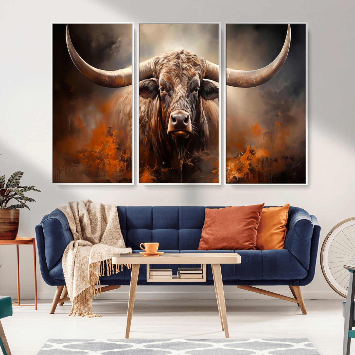 240479-MGV-CV-36X24-Longhorn Bull Wall Art – Dramatic Western Canvas Print Featuring Horned Bull with Fiery Background, Rustic Farmhouse Artwork for