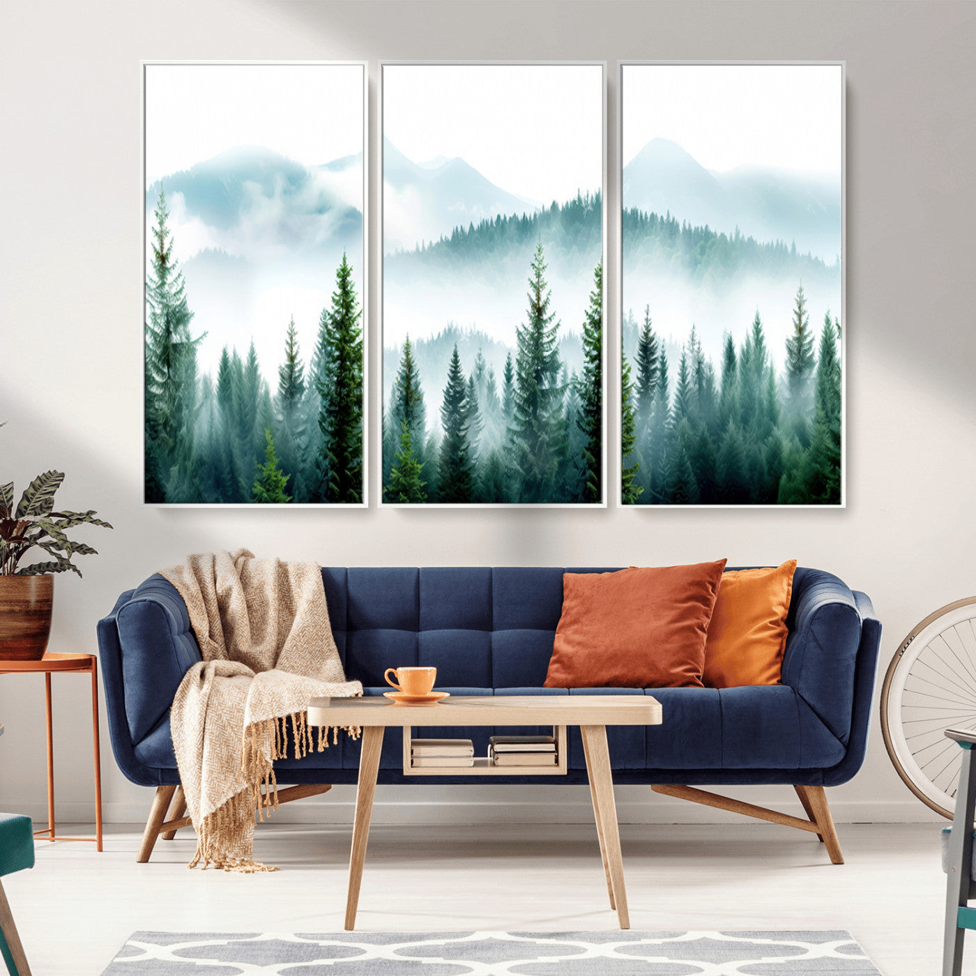 16716676-MGV-FC-48X32-3P_White-Pine Forest Wall Art Canvas Print, Framed Misty Mountains Art Picture Print, Foggy Trees Perfect Moody Forest Decor Artwork