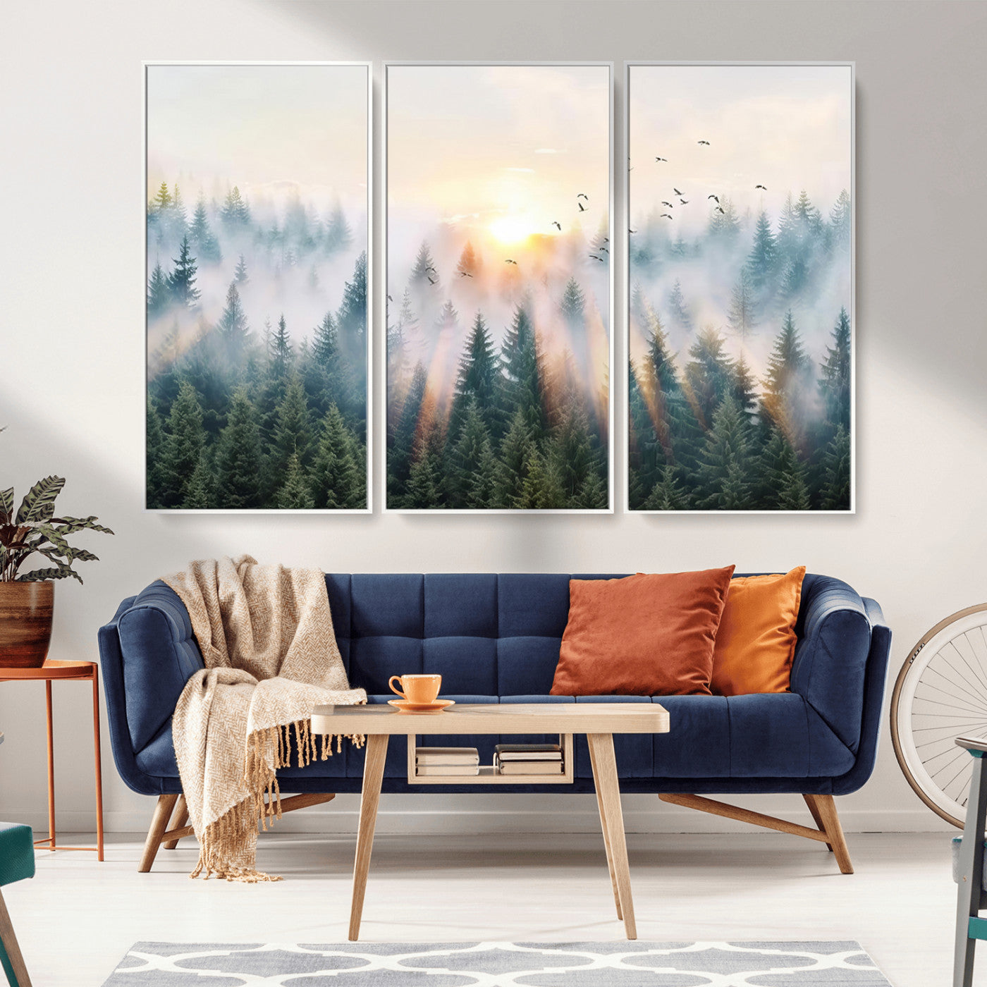 92718976-MGV-CV-36X24-Misty Forest Wall Art Canvas Print, Framed Sunrise Pines Art Picture Print, Foggy Woodland Perfect Moody Woodland Decor Artwork