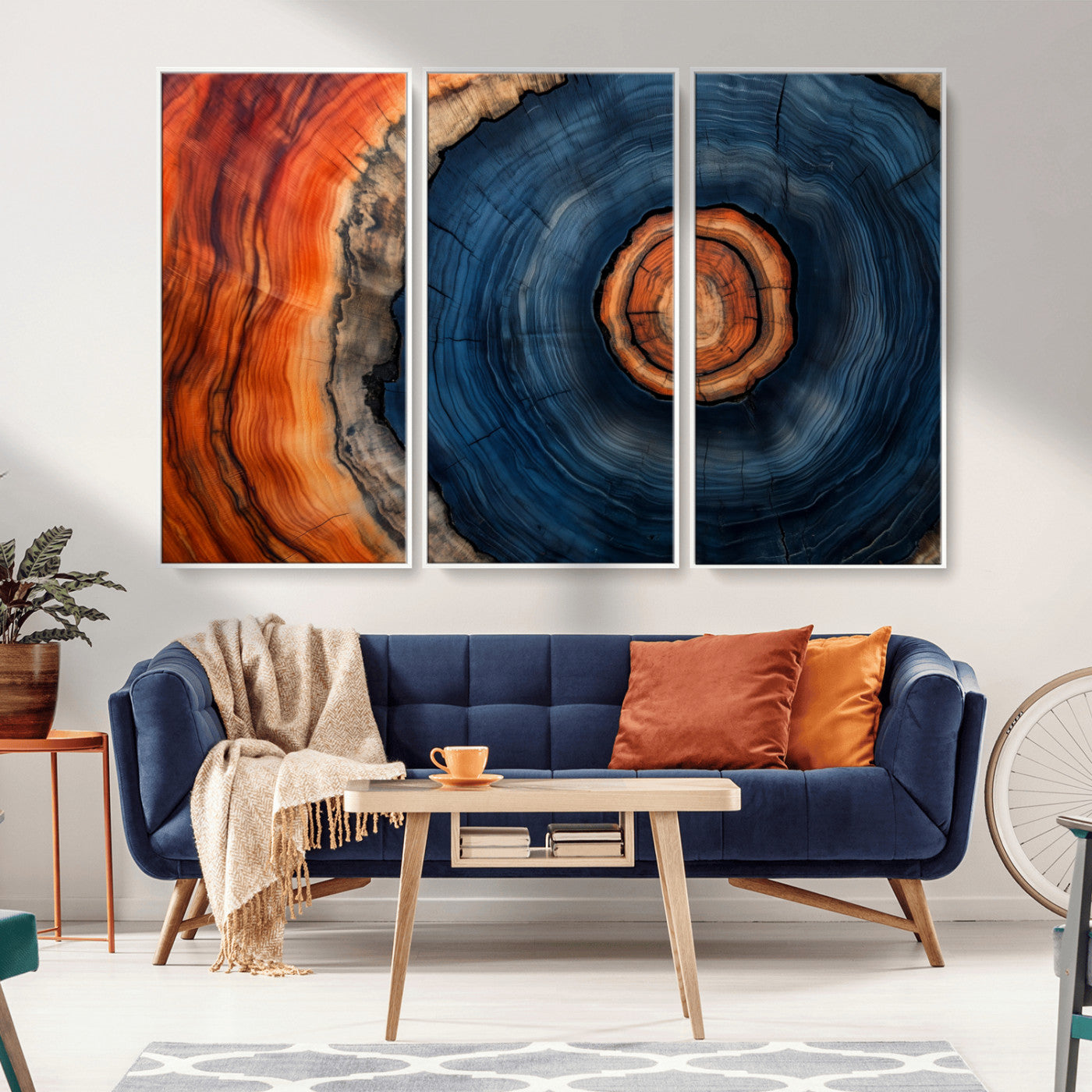 72209152-MGV-CV-36X24-Abstract Tree Ring Wall Art – Vibrant Blue Orange Wood Grain Canvas Print, Rustic Modern Nature Artwork for Living Room, Office,