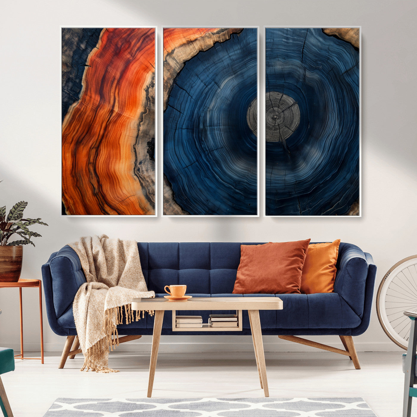 99491700-MGV-CV-36X24-Tree Ring Canvas Wall Art – Blue Orange Abstract Wood Grain Print, Rustic Modern Nature Artwork for Living Room, Office, Bedroom