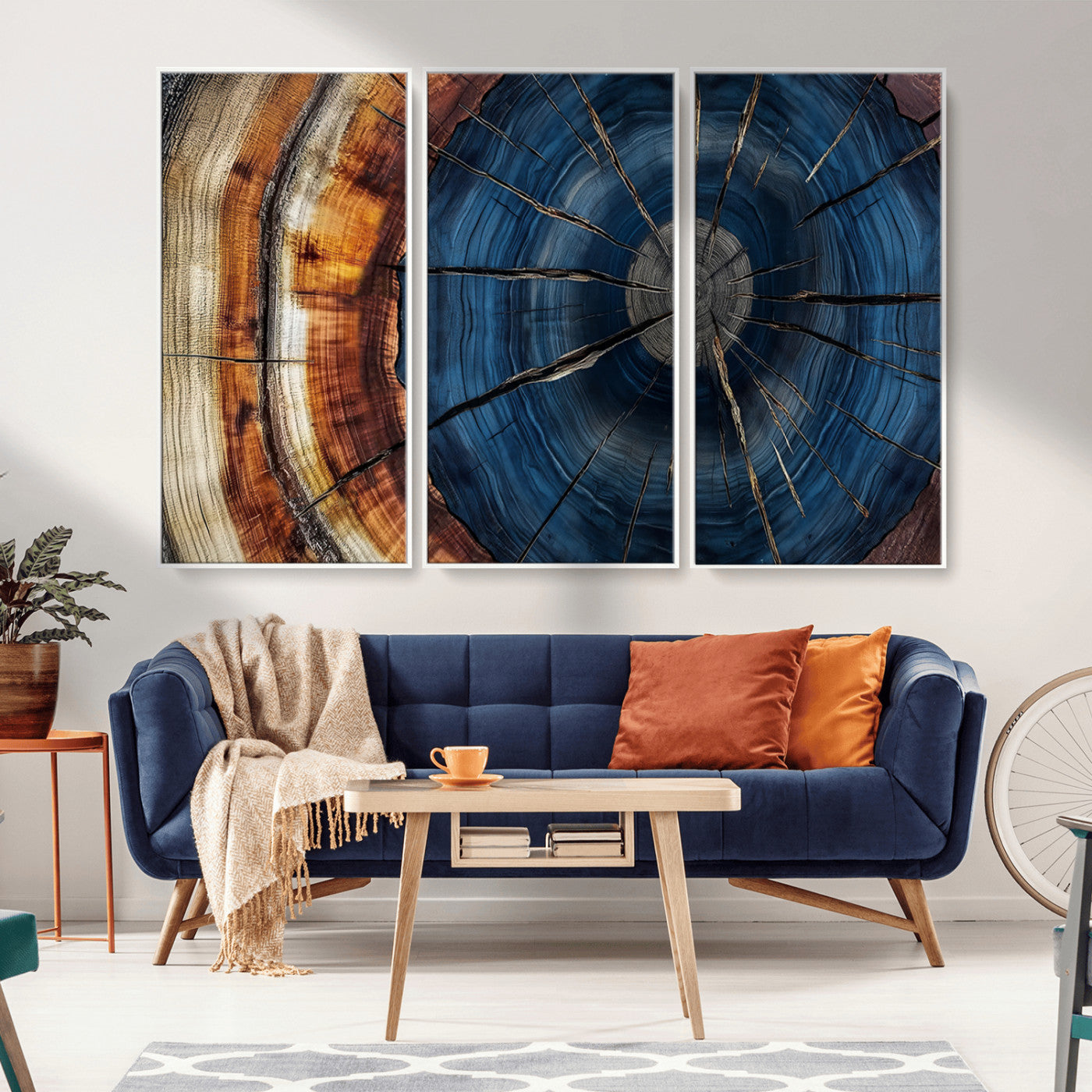 60099360-MGV-CV-36X24-Blue Tree Ring Wall Art – Rustic Wood Grain Canvas Print, Modern Abstract Artwork with Natural Texture for Living Room, Bedroom,