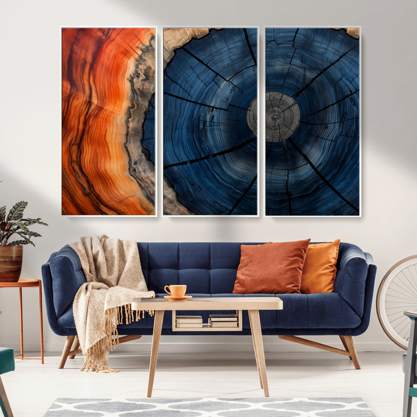 26110607-MGV-CV-36X24-Blue and Orange Tree Ring Wall Art – Abstract Wood Cross Section Canvas Print, Modern Rustic Nature Decor for Living Room, Office,