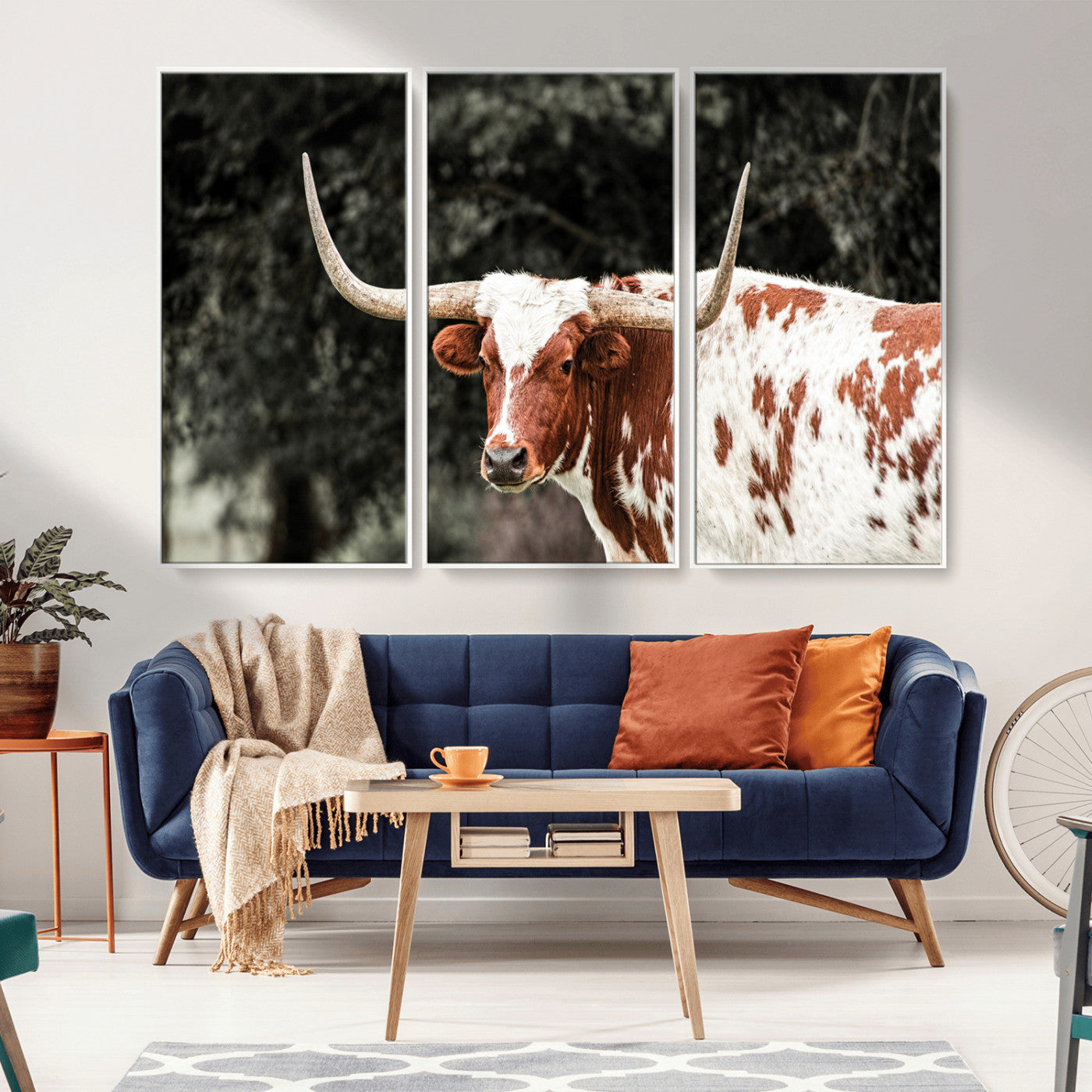 54027638-MGV-CV-36X24-Texas Longhorn Wall Art Canvas Print, Framed Spotted Cow Art Picture Print, Horned Bull Perfect Rustic Western Decor Artwork