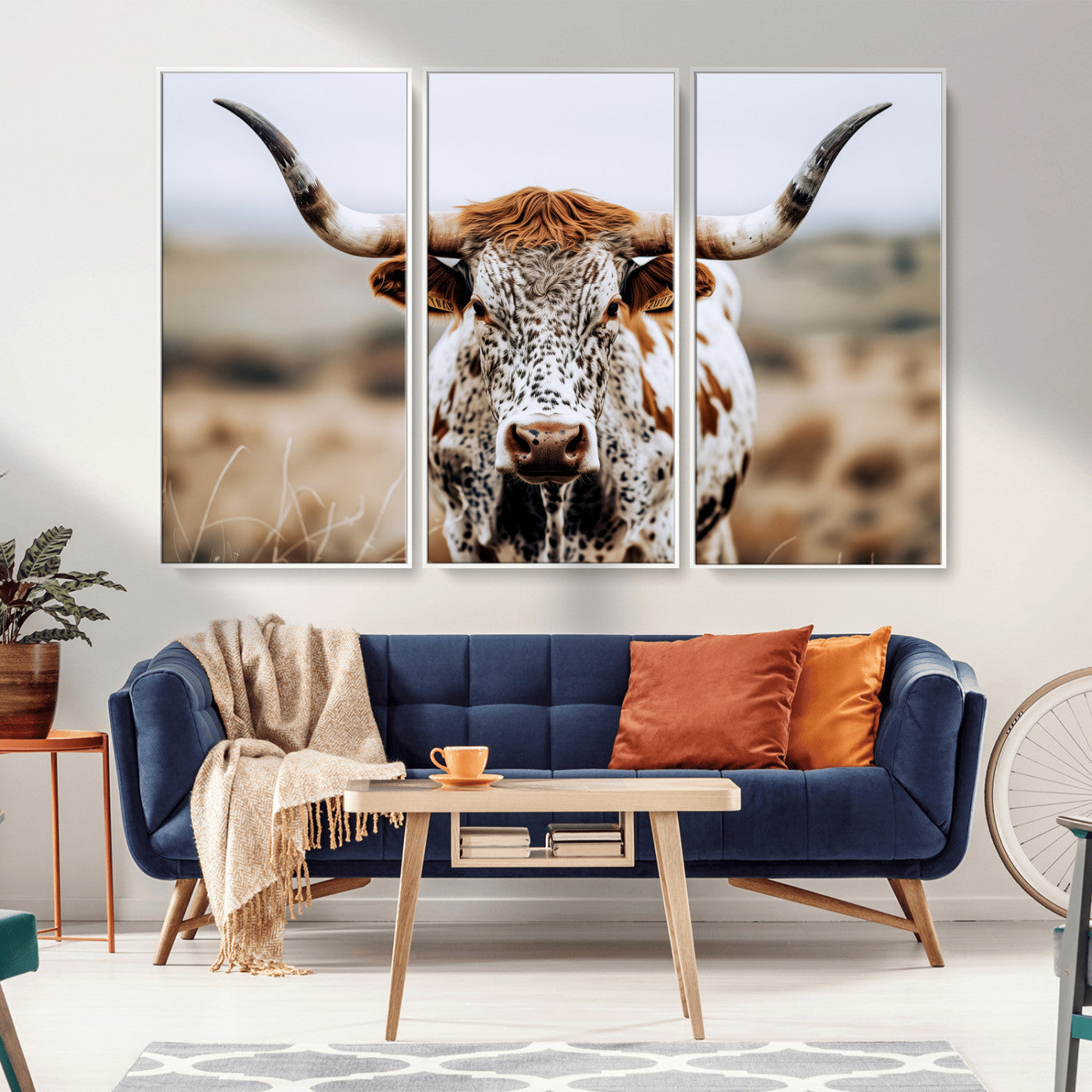 76294381-MGV-CV-36X24-Texas Longhorn Wall Art Canvas Print, Framed Spotted Cow Art Picture Print, Horned Cattle Perfect Rustic Western Decor Artwork