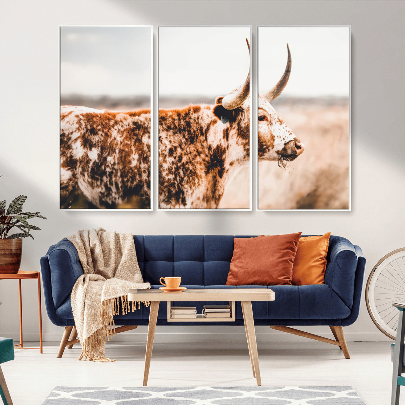 11528295-MGV-CV-36X24-Speckled Longhorn Wall Art Canvas Print, Framed Texas Cattle Art Picture Print, Horned Cow Perfect Rustic Western Decor Artwork