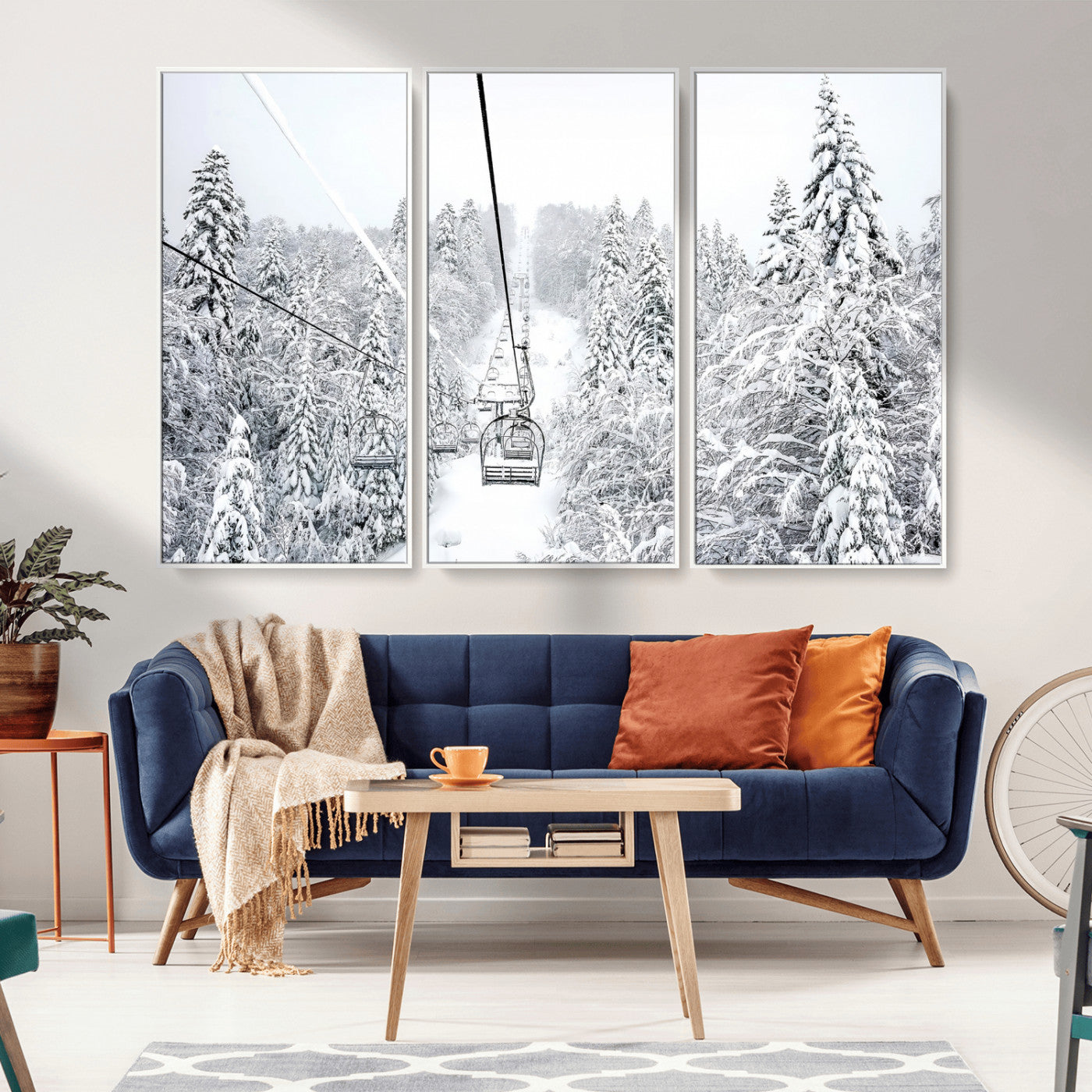 60296839-MGV-CV-36X24-Snowy Mountains Wall Art Canvas Print, Framed Ski Lift Art Picture Print, Winter Forest Perfect Winter Minimalist Decor Artwork
