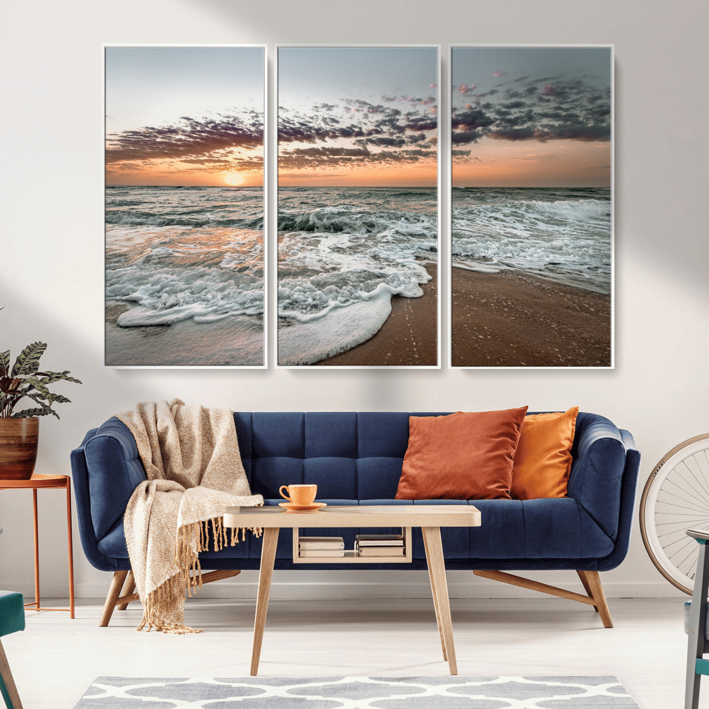 40632752-MGV-FC-48X32-3P_White-Ocean Sunset Wall Art Canvas Print, Framed Beach Waves Art Picture Print, Coastal Scene Perfect Coastal Decor Artwork