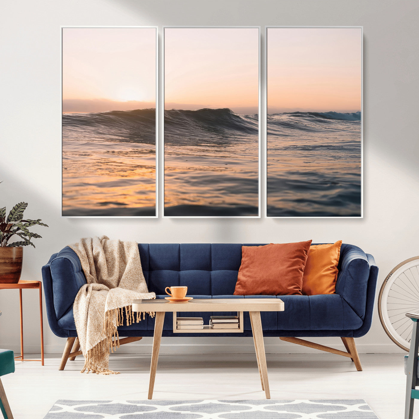 46299358-MGV-CV-36X24-Sunset Waves Wall Art Canvas Print, Framed Ocean Horizon Art Picture Print, Golden Water Perfect Golden Hour Coastal Decor Artwork