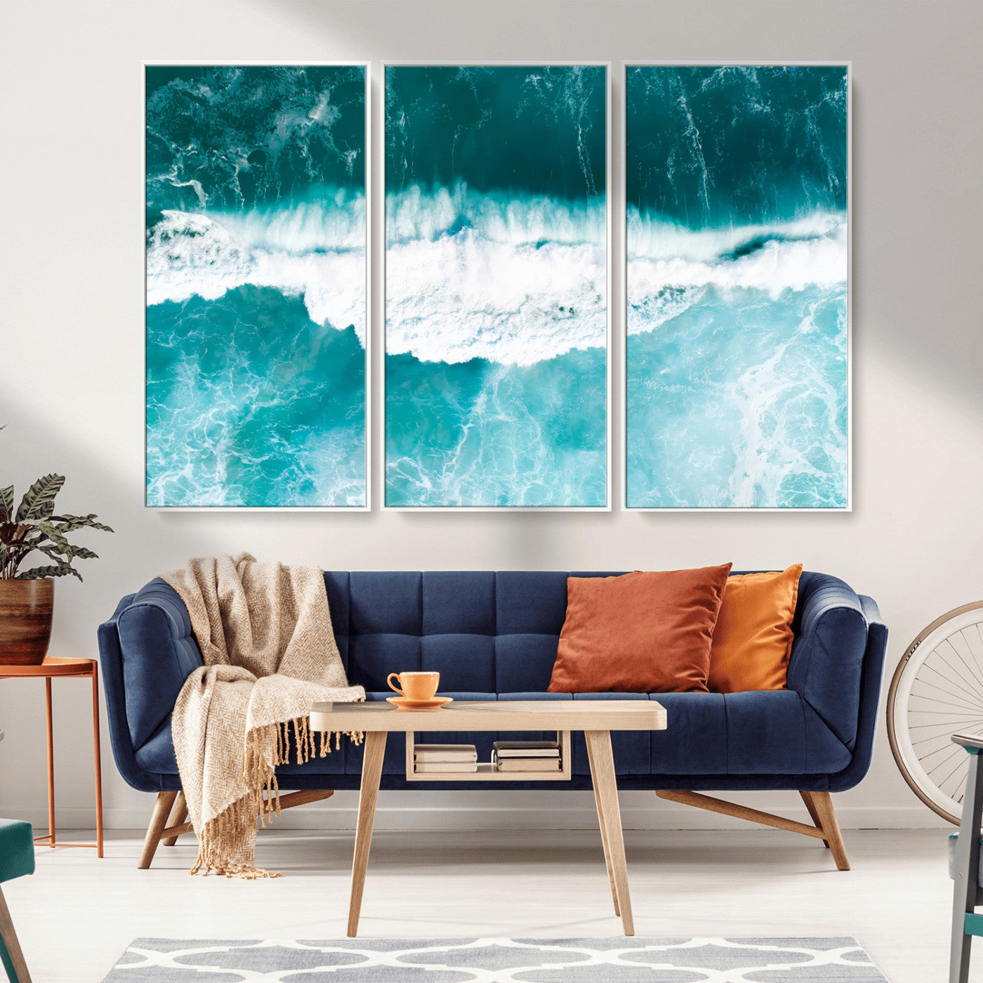 23828594-MGV-FC-48X32-3P_White-Aerial Waves Wall Art Canvas Print, Framed Ocean Break Art Picture Print, Sea Foam Perfect Tropical Coastal Decor Artwork