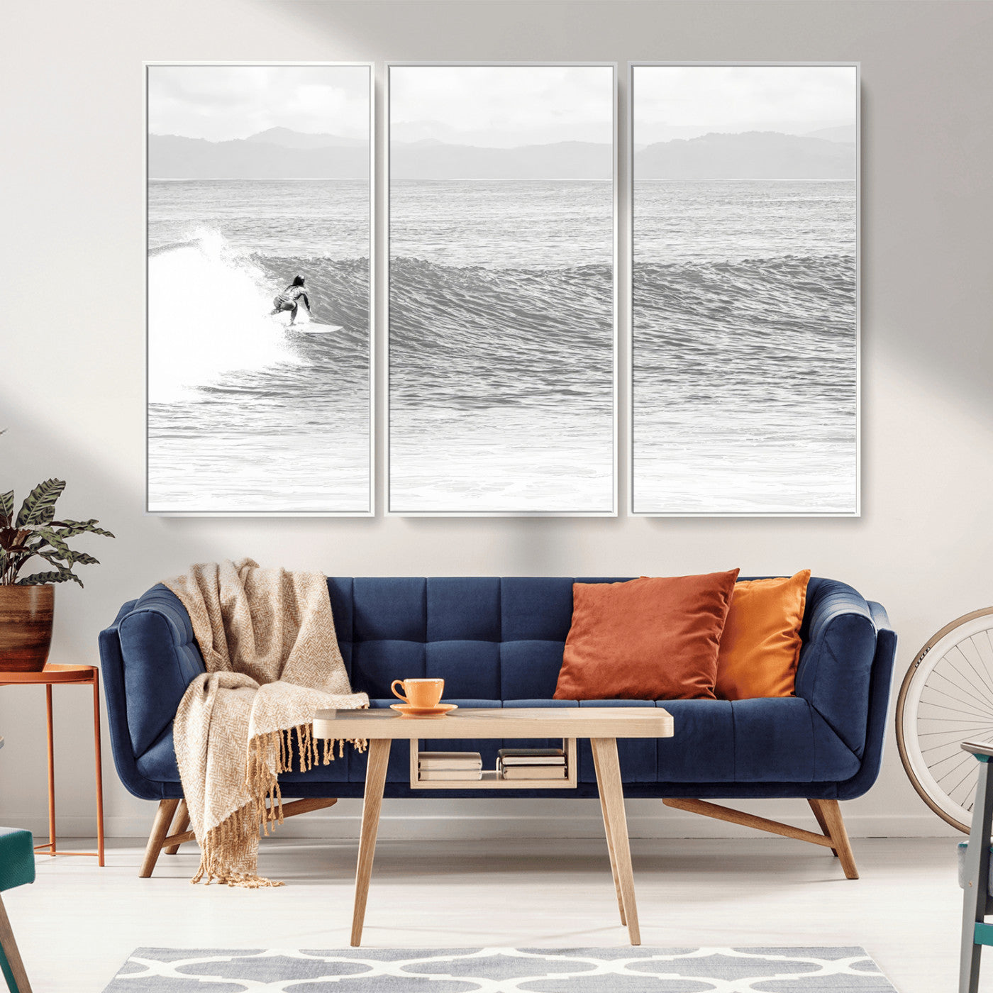 81535128-MGV-CV-36X24-Surfer Woman Wall Art Canvas Print, Framed Black Ocean Art Picture Print, Ocean Surfing Perfect Monochrome Coastal Decor Artwork