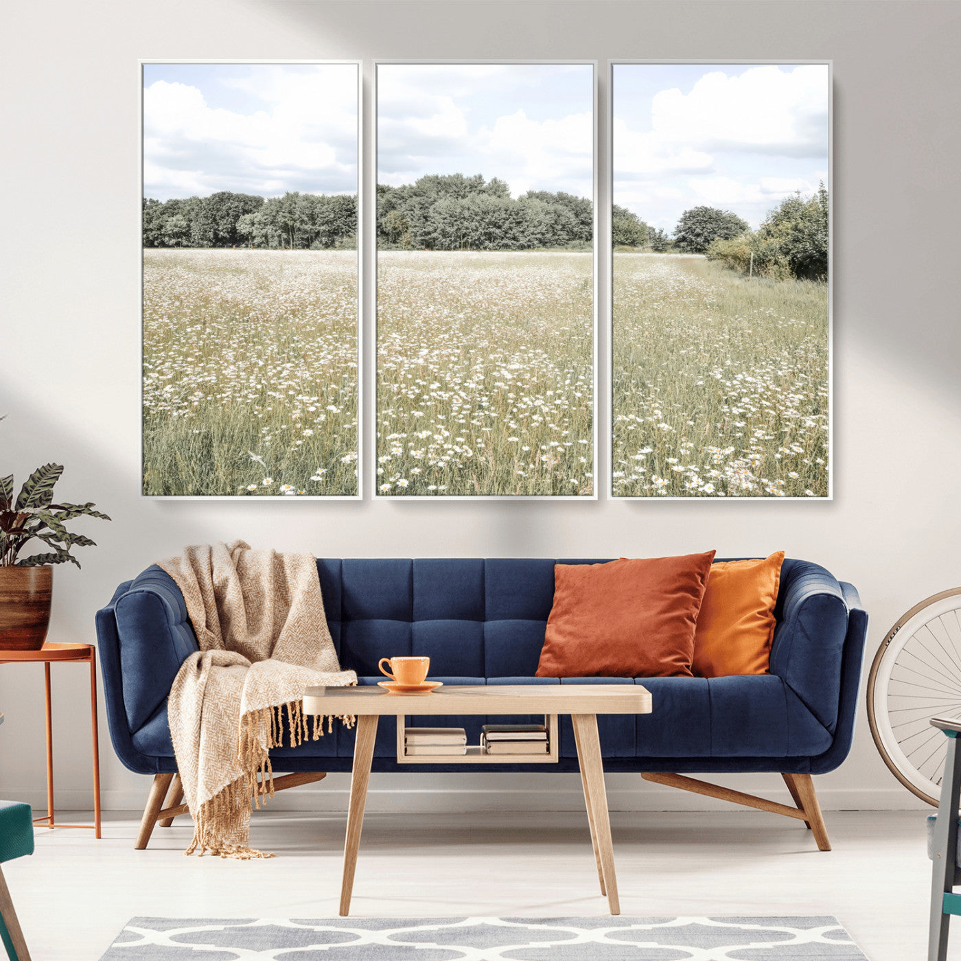 43258946-MGV-CV-36X24-Daisy Field Wall Art Canvas Print, Framed Pastel Flower Art Picture Print, Meadow Bloom Perfect Scandinavian Minimalist Decor