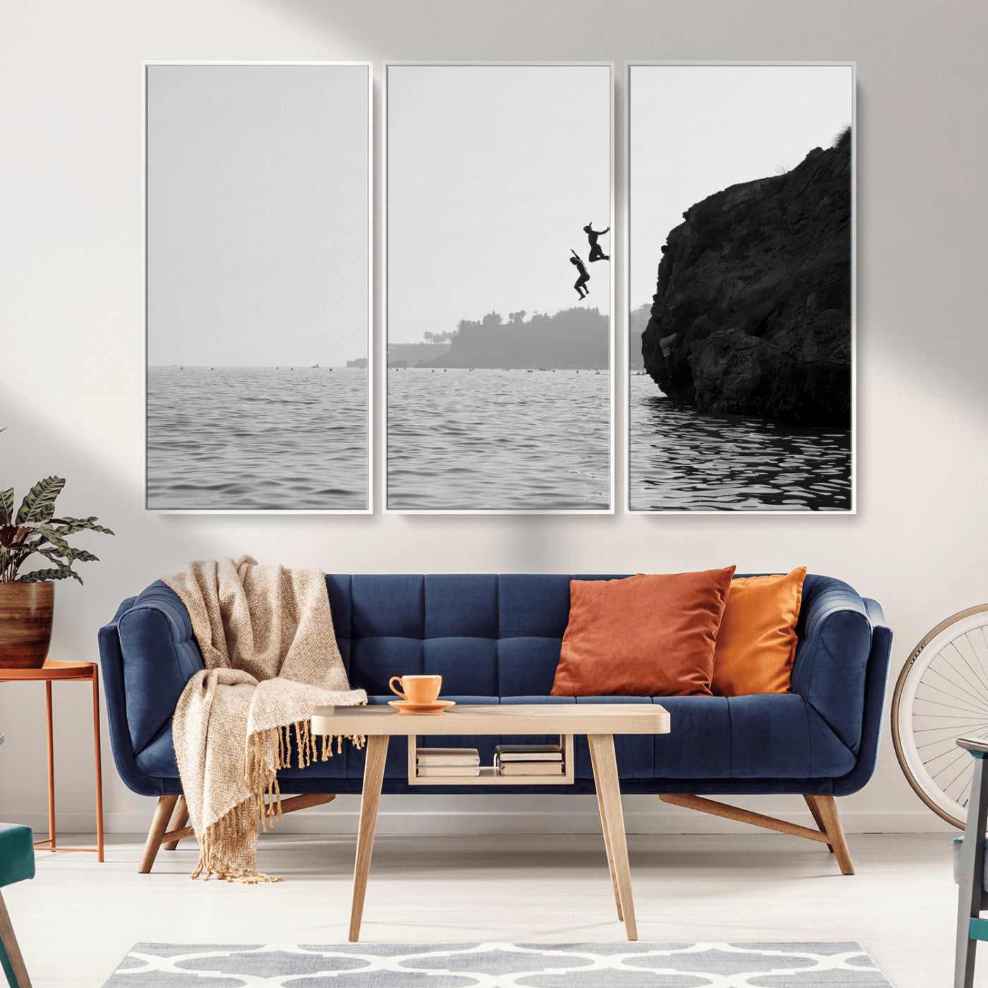 52284302-MGV-CV-36X24-Cliff Jumping Wall Art Canvas Print, Framed Ocean Adventure Art Picture Print, Black White Coast Perfect Modern Coastal Decor