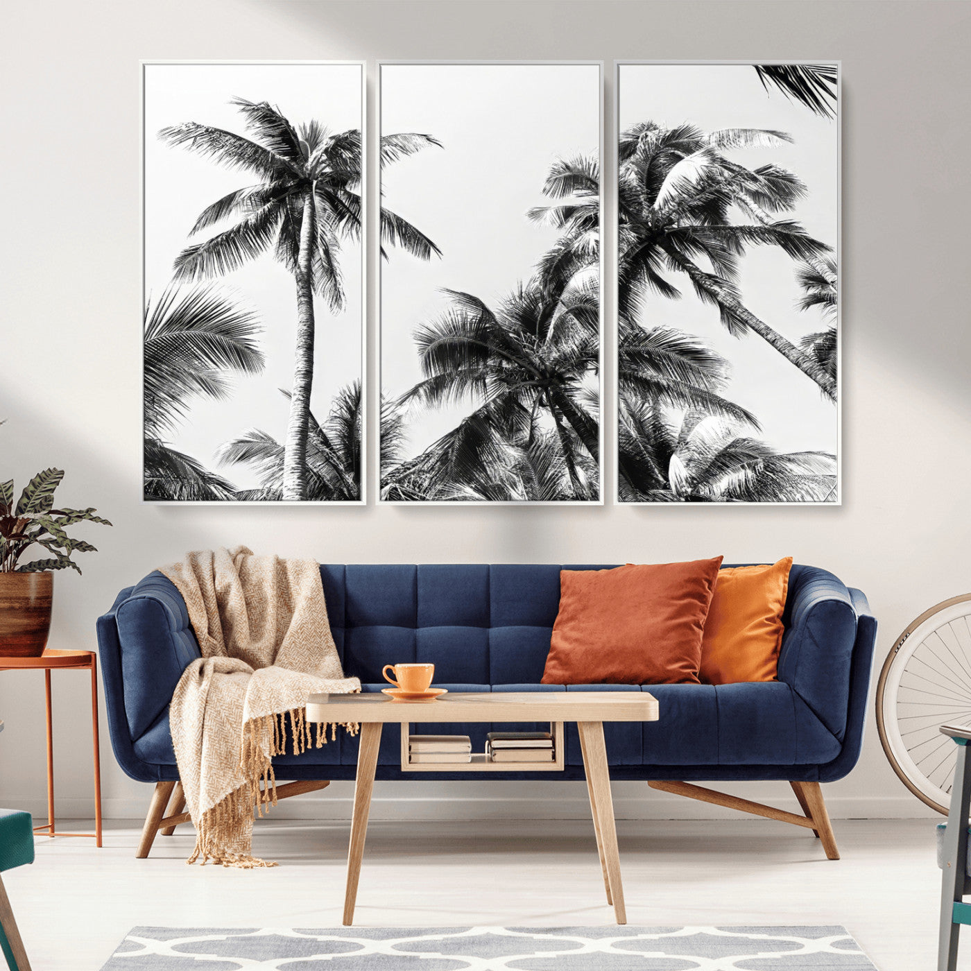 46641801-MGV-FC-48X32-3P_White-Palm Tree Wall Art Canvas Print, Framed Black White Tropics Art Picture Print, Monochrome Palms Perfect Modern Tropical Minimalist