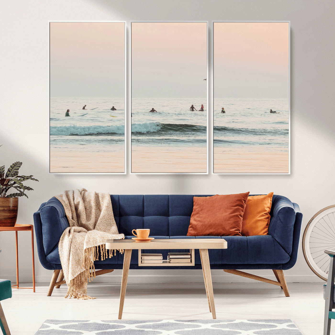 98888919-MGV-FC-48X32-3P_White-Pastel Ocean Wall Art Canvas Print, Framed Soft Sunset Swimming Art Picture Print, Calm Sea Horizon Perfect Soft Coastal
