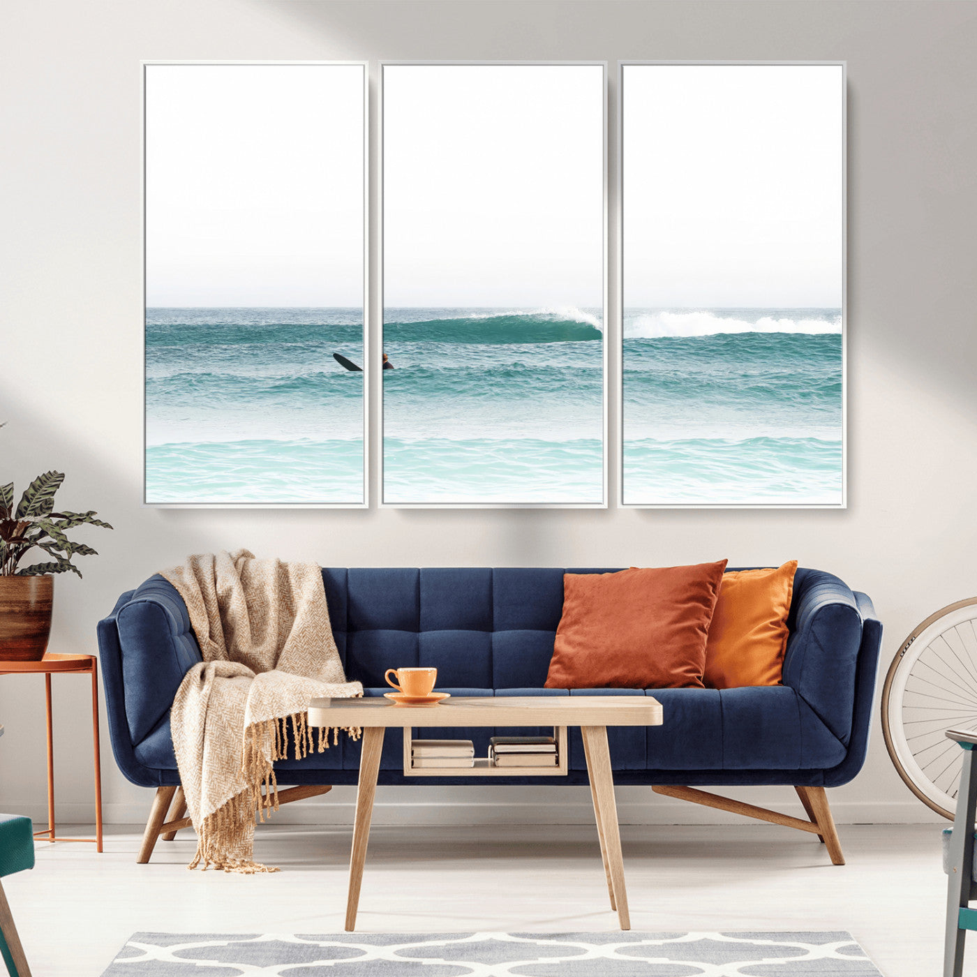 56345117-MGV-FC-48X32-3P_White-Minimalist Surfing Wall Art Canvas Print, Framed Ocean Waves Art Picture Print, Soft Ocean Perfect Minimalist Coastal Decor