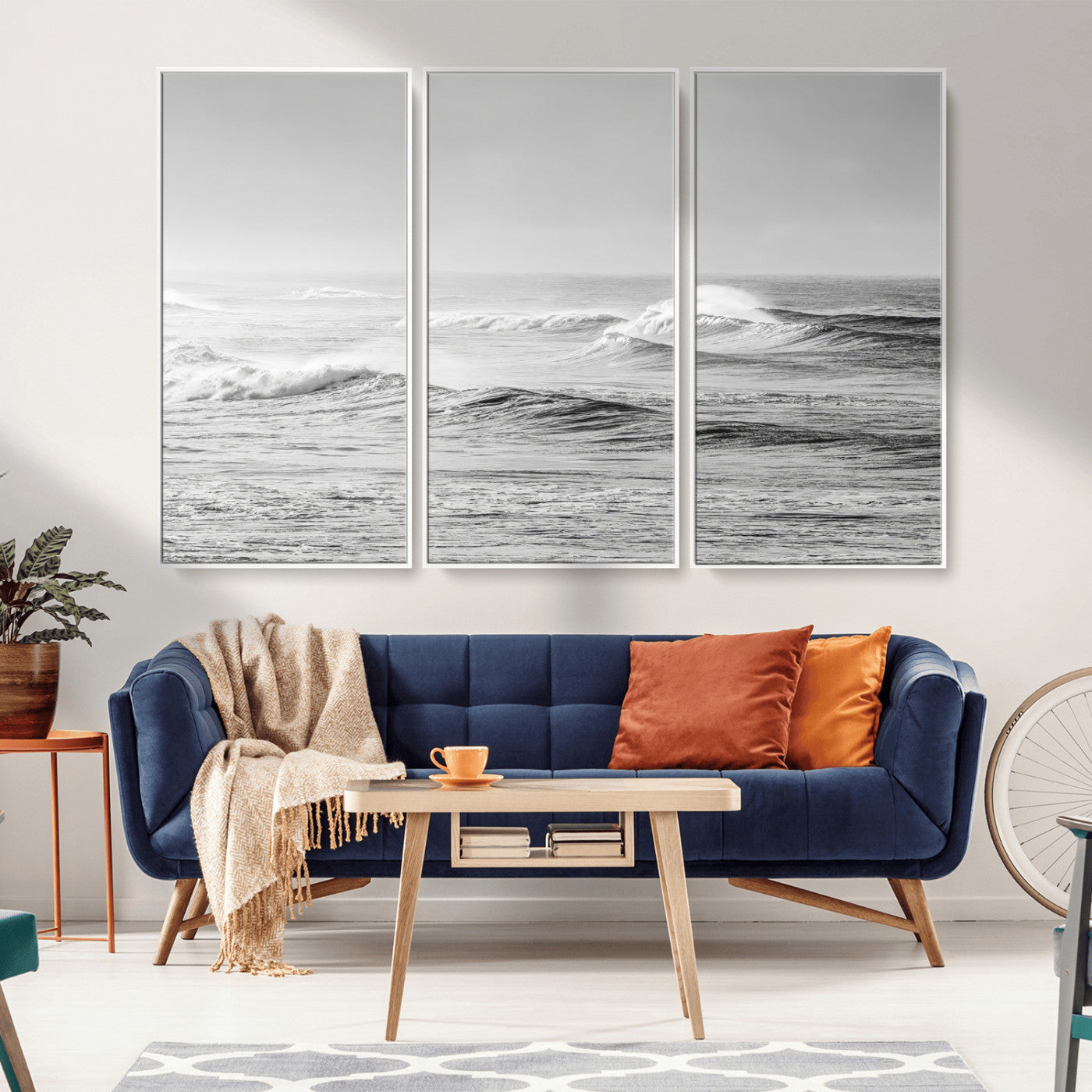 98634812-MGV-CV-36X24-Black and White Ocean Waves Wall Art – Minimalist Sea Canvas Print, Coastal Photography Decor for Living Room, Bedroom or Office