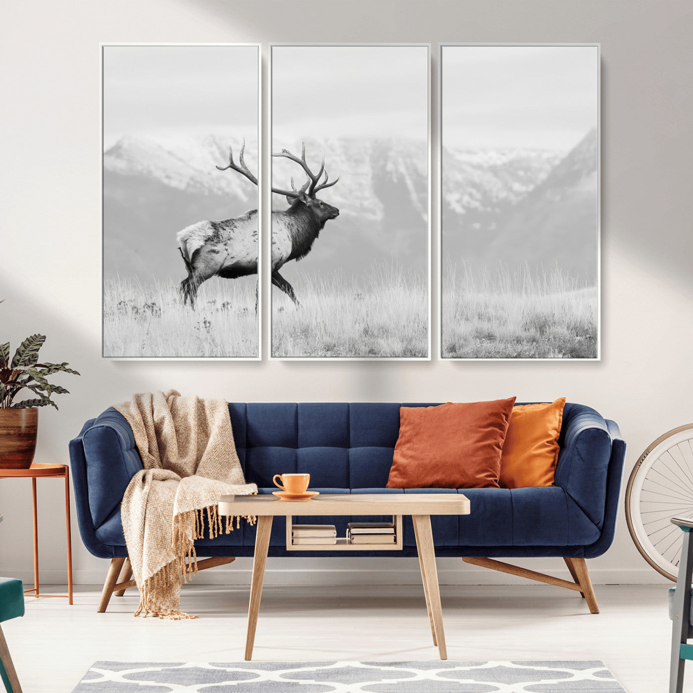 62278753-MGV-CV-36X24-Monochrome Elk Wall Art Canvas Print, Framed Mountain Wildlife Art Picture Print, Rustic Nature Perfect Rustic Minimalist Decor