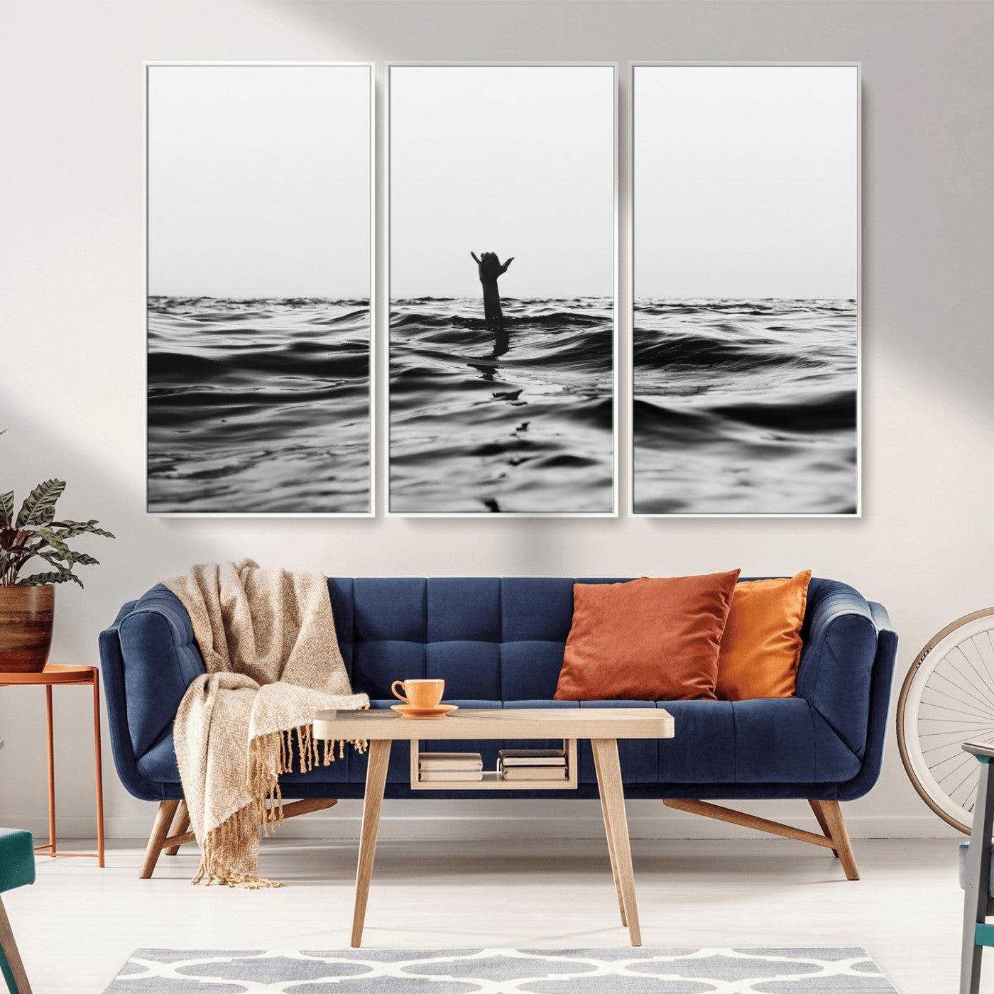 69541918-MGV-FC-48X32-3P_White-Black White Ocean Wall Art Canvas Print, Framed Moody Seascape Art Picture Print, Surfer Sign Perfect Moody Minimalist Decor