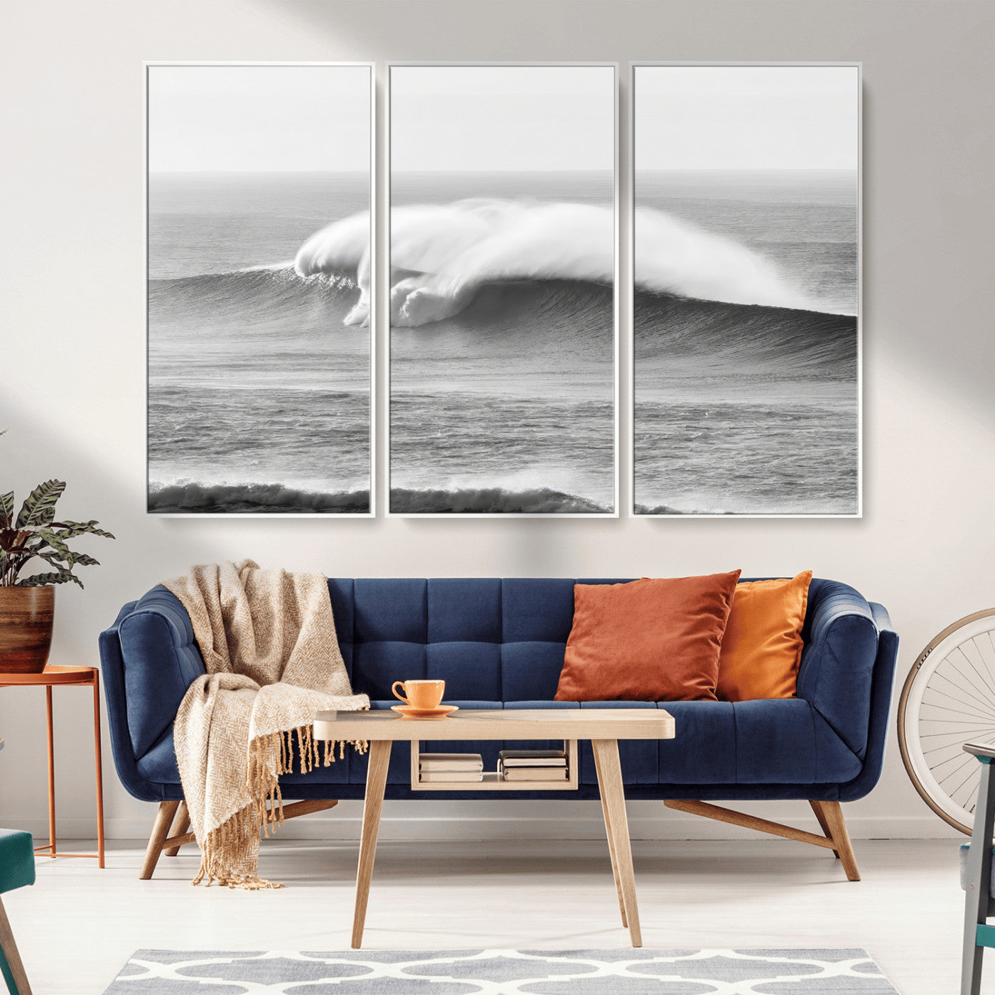 42544082-MGV-FC-48X32-3P_White-Monochrome Seascape Wall Art Canvas Print, Framed Surf Wave Art Picture Print, Minimalist Ocean Perfect Moody Coastal Decor