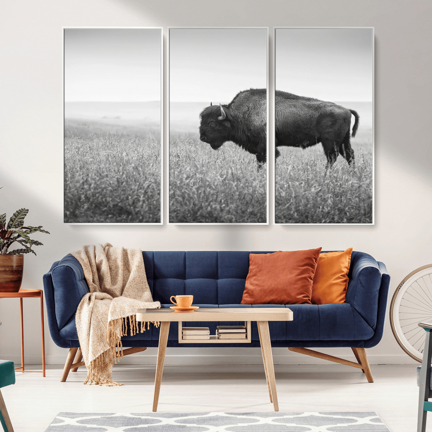 28435251-MGV-FC-48X32-3P_White-Bison In Prairie Wall Art Canvas Print, Framed Rustic Wildlife Art Picture Print, Wild Buffalo Perfect Rustic Western Decor