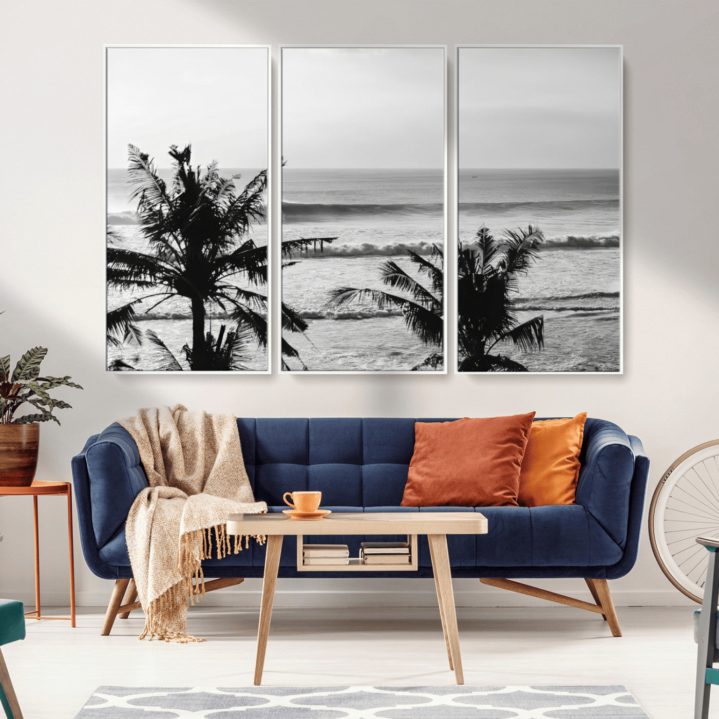 17508038-MGV-FC-48X32-3P_White-Tropical Coastline Wall Art Canvas Print, Framed Palm Trees Art Picture Print, Ocean Waves Perfect Minimalist Coastal Decor