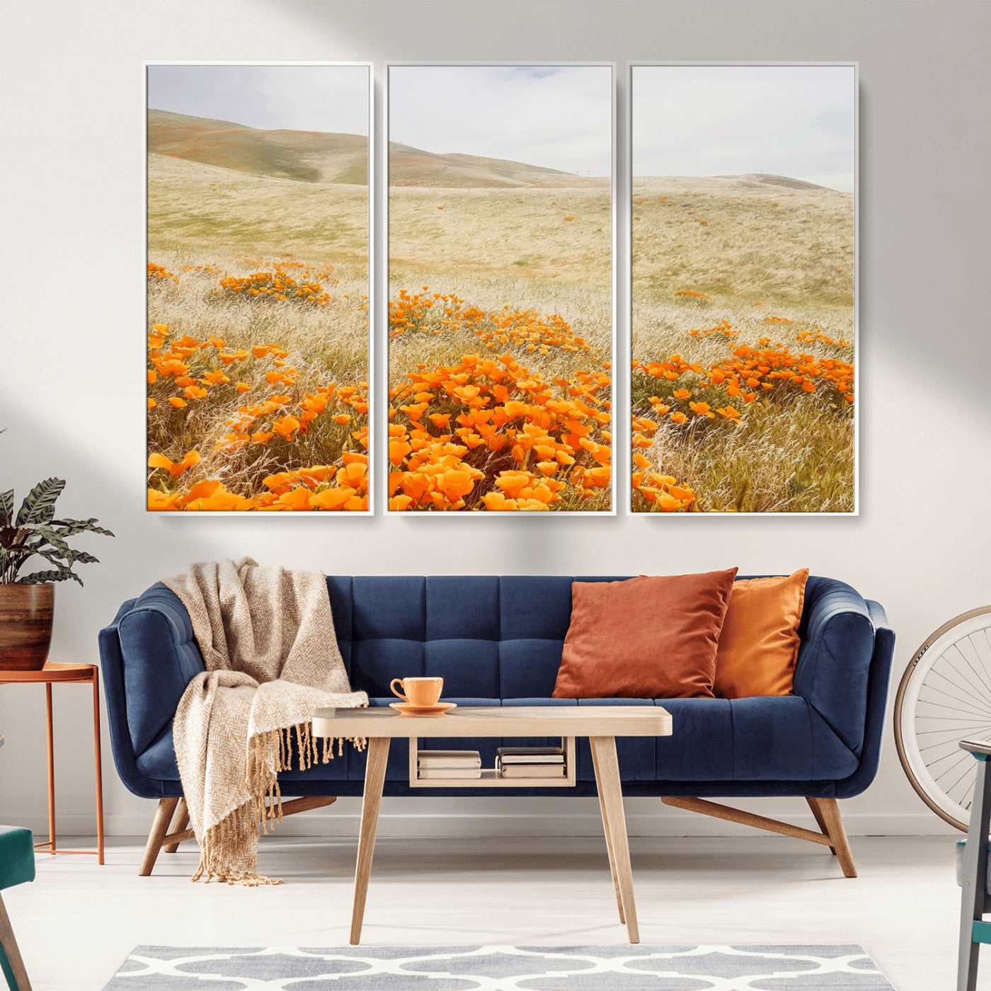 28972262-MGV-FC-48X32-3P_White-Golden Wildflowers Wall Art Canvas Print, Framed Hills Bloom Art Picture Print, Poppy Meadow Perfect Rustic Nature Decor Artwork
