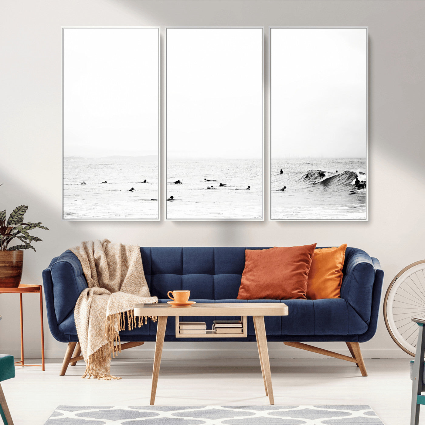 38441169-MGV-FC-48X32-3P_White-Monochrome Swimming Wall Art Canvas Print, Framed Ocean Horizon Art Picture Print, Moody Coastal Perfect Minimalist Coastal Decor