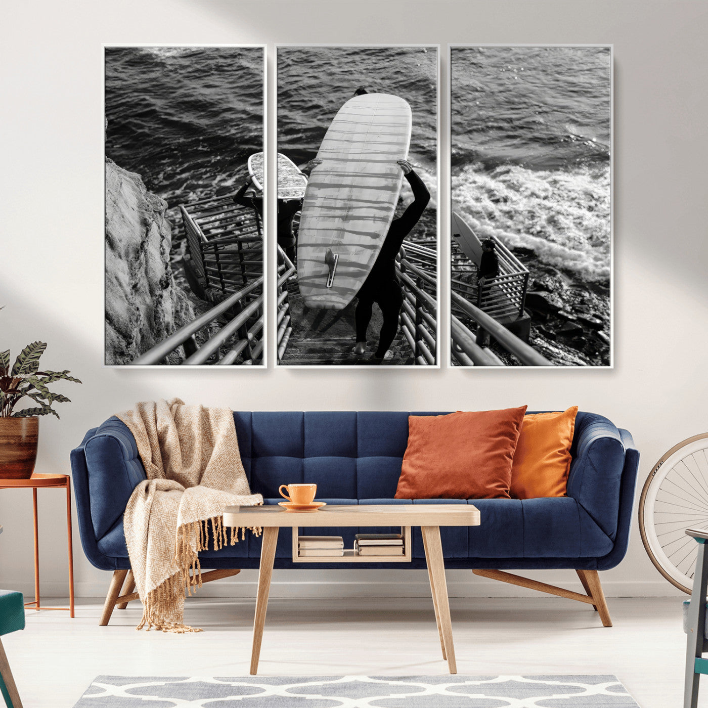 32353707-MGV-CV-36X24-Black White Surfing Wall Art Canvas Print, Framed Coastal Surfing Art Picture Print, Wave Riders Perfect Coastal Adventure Decor