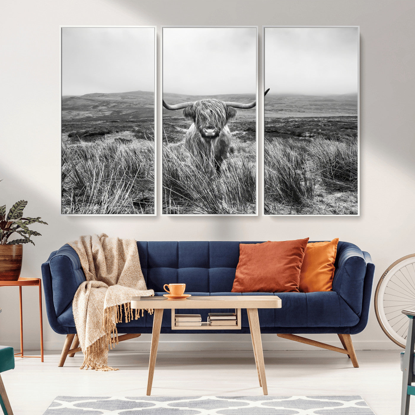 24051061-MGV-CV-36X24-Monochrome Highland Cow Wall Art Canvas Print, Framed Scottish Bull Art Picture Print, Lone Cattle Perfect Rustic Farmhouse Decor