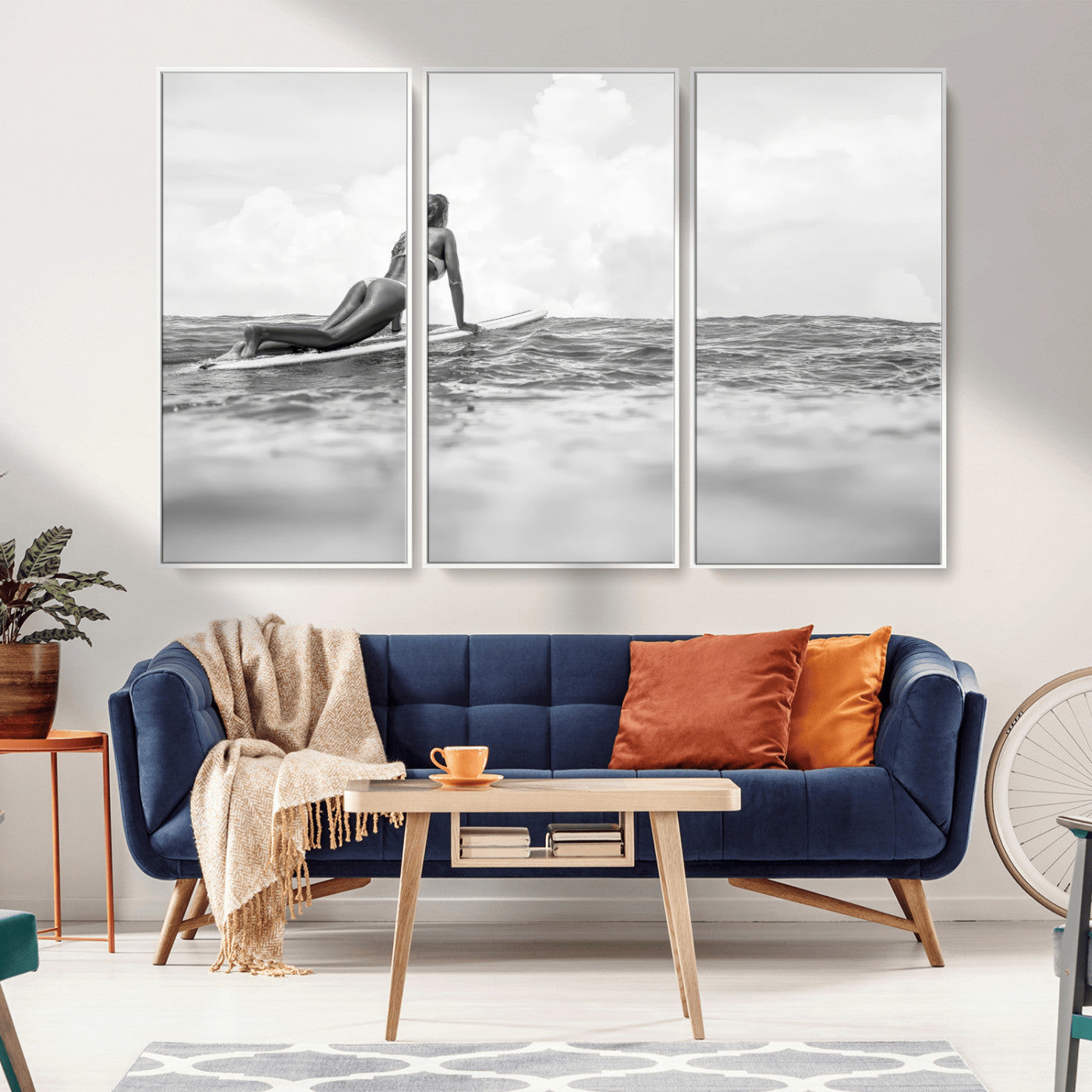 69798068-MGV-CV-36X24-Black White Surfing Wall Art Canvas Print, Framed Ocean Horizon Art Picture Print, Surfer Girl Perfect Coastal Adventure Decor